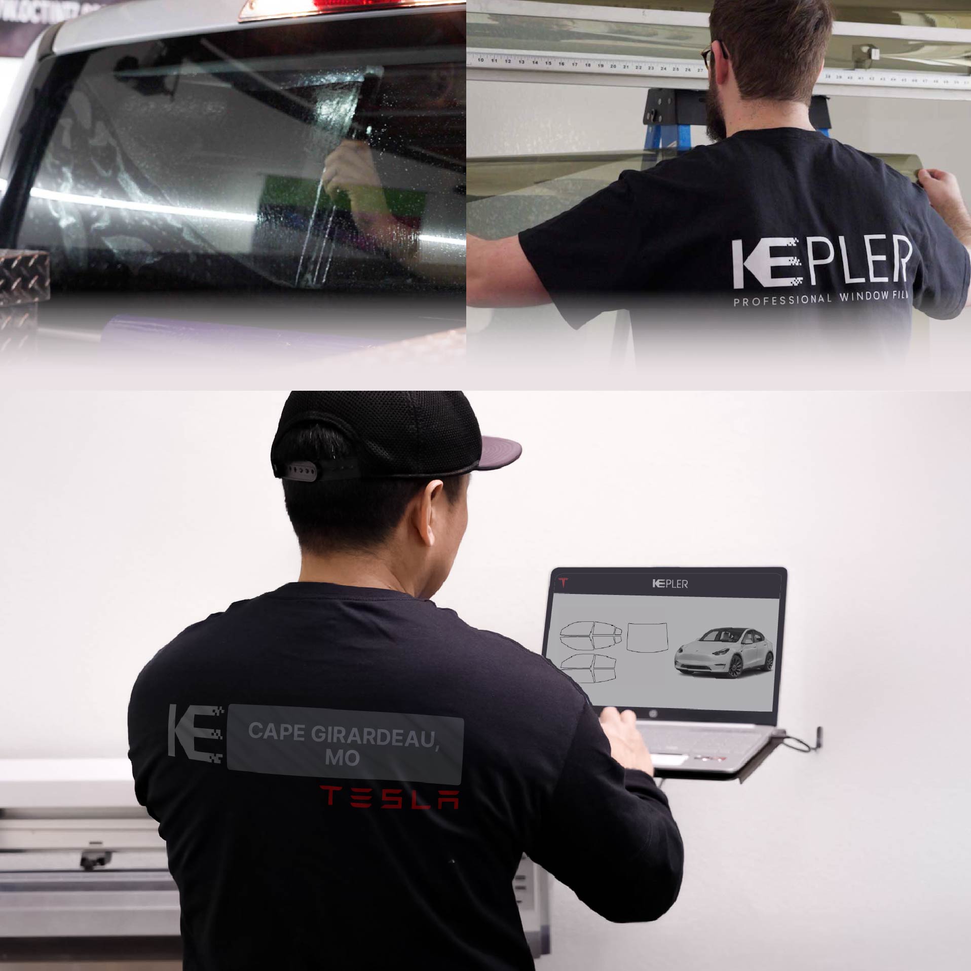 Kepler Technician Fitting Ceramic Window Tint to Tesla in Cape Girardeau