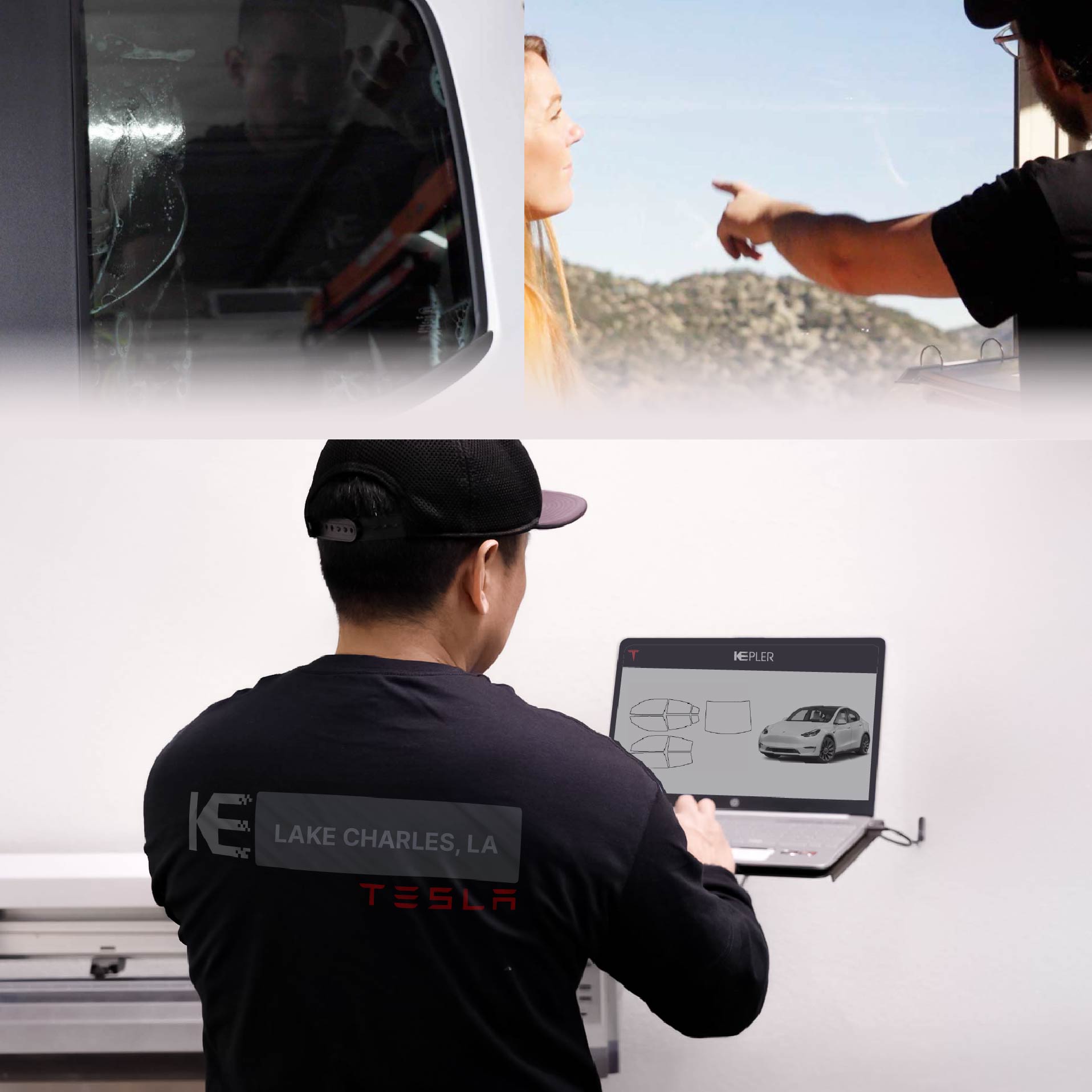 Expert Technician Installing High-tech Window Tint to Tesla in Lake Charles