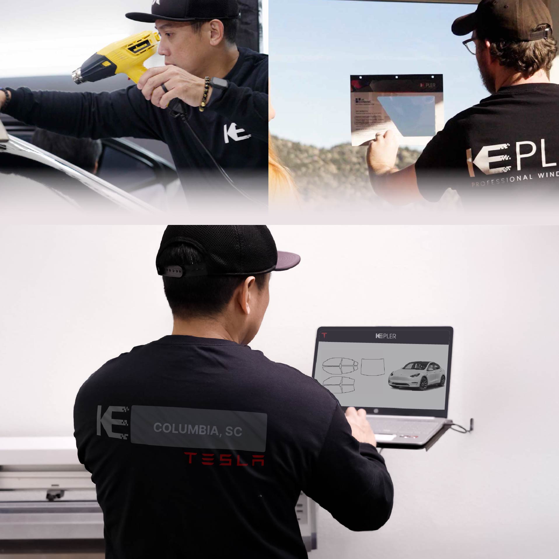Expert Technician Fitting High-tech Window Tint to Tesla in Columbia