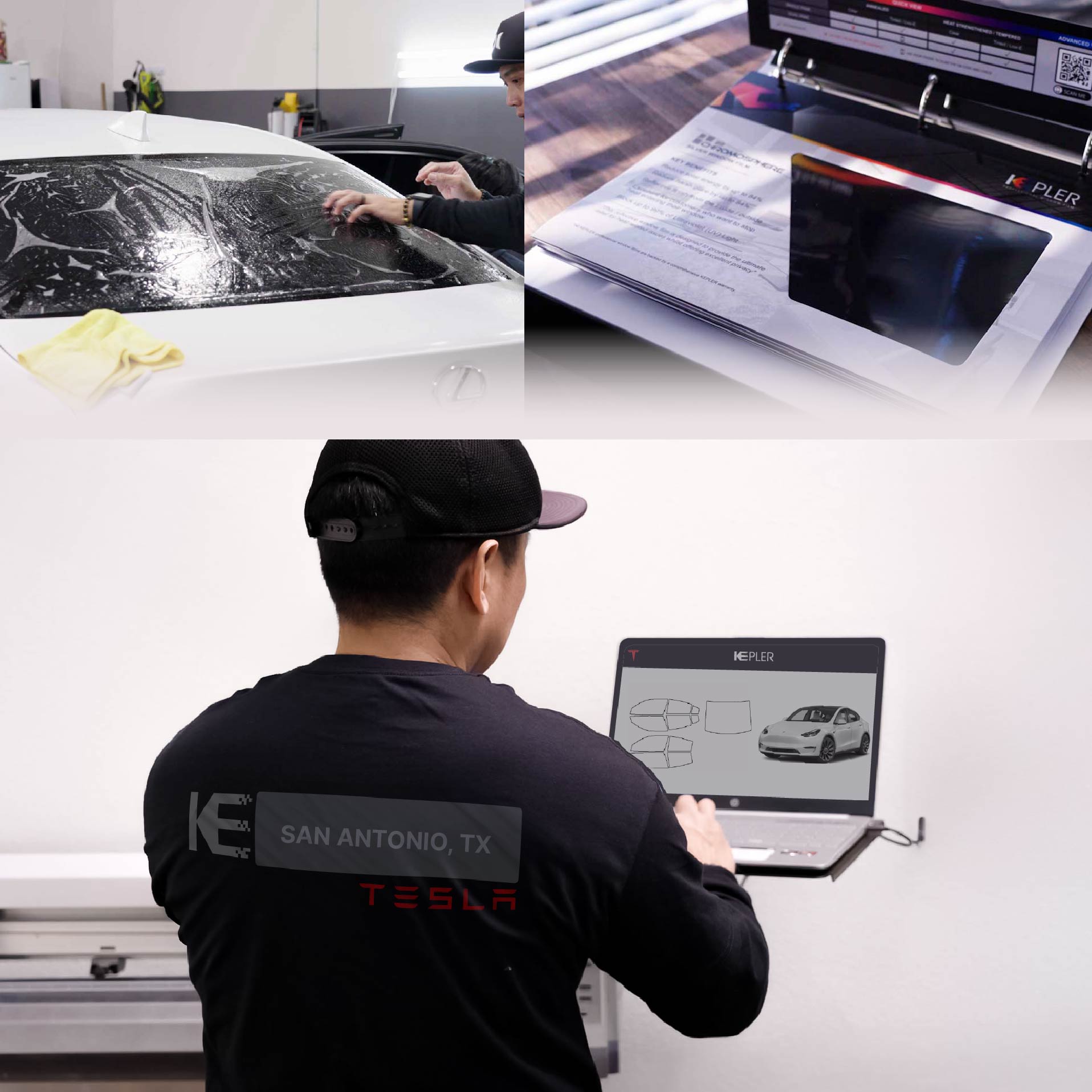 Expert Technician Applying Ceramic Window Tint to Tesla in San Antonio