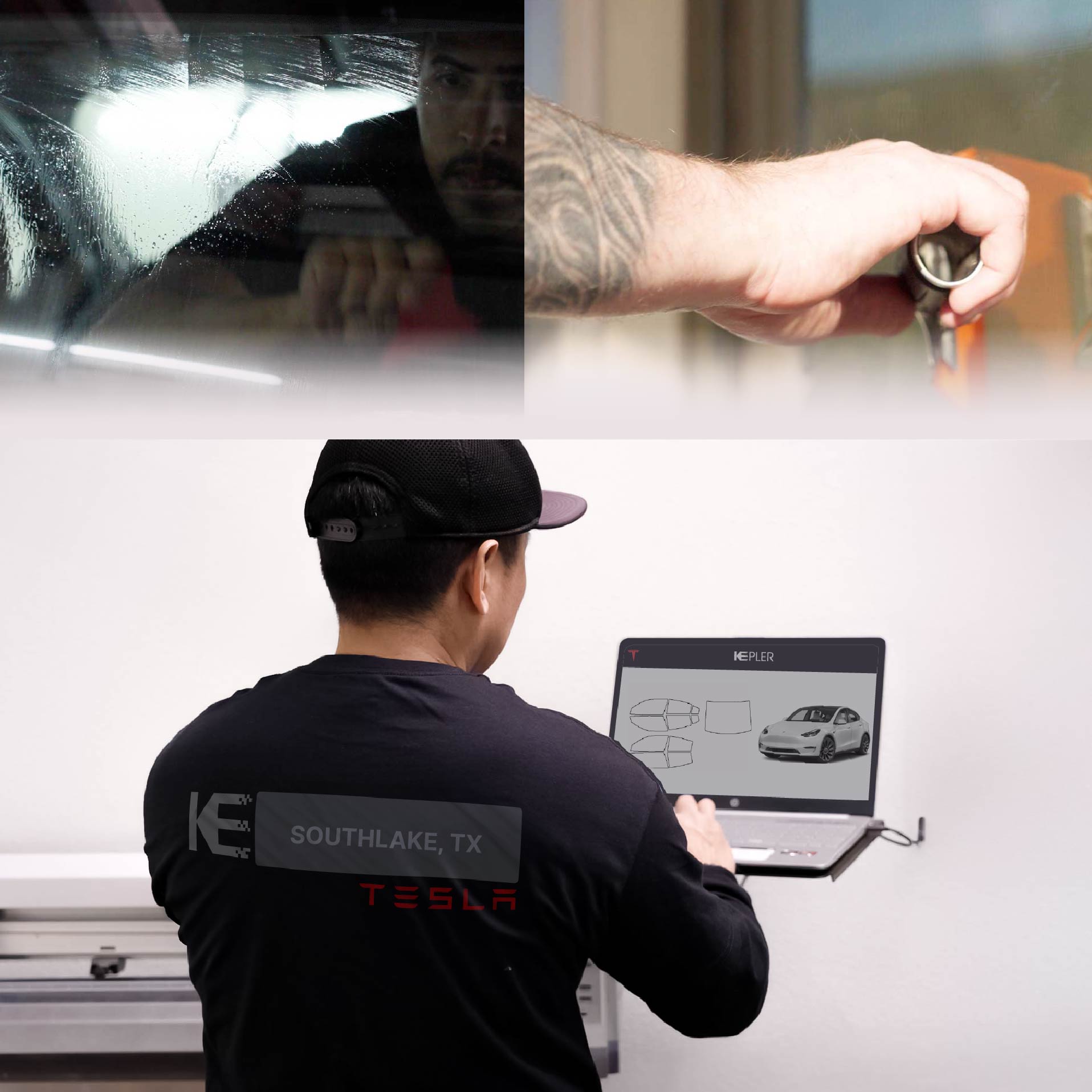 Expert Technician Installing Ceramic Window Tint to Tesla in Southlake