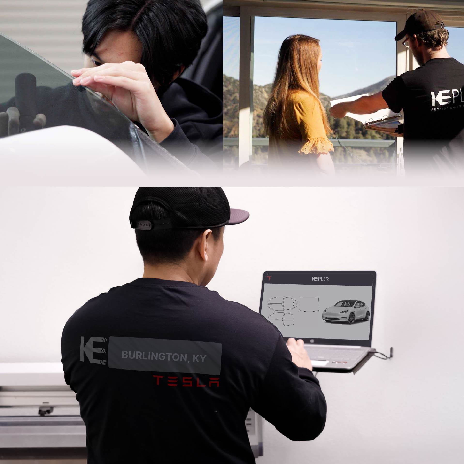 Kepler Technician Installing Advanced Window Tint to Tesla in Burlington