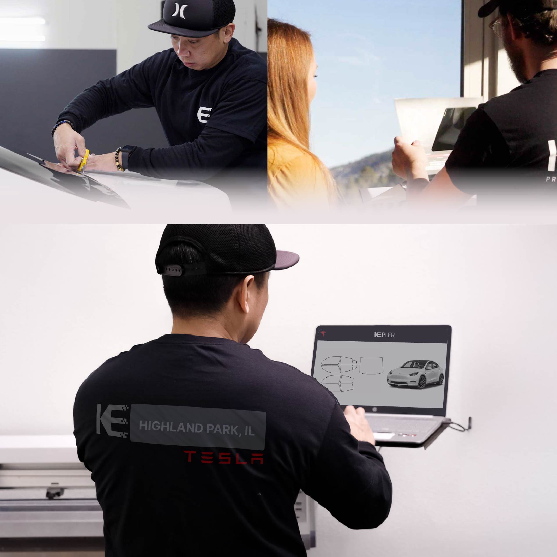 Kepler Technician Installing Advanced Window Tint to Tesla in Highland Park