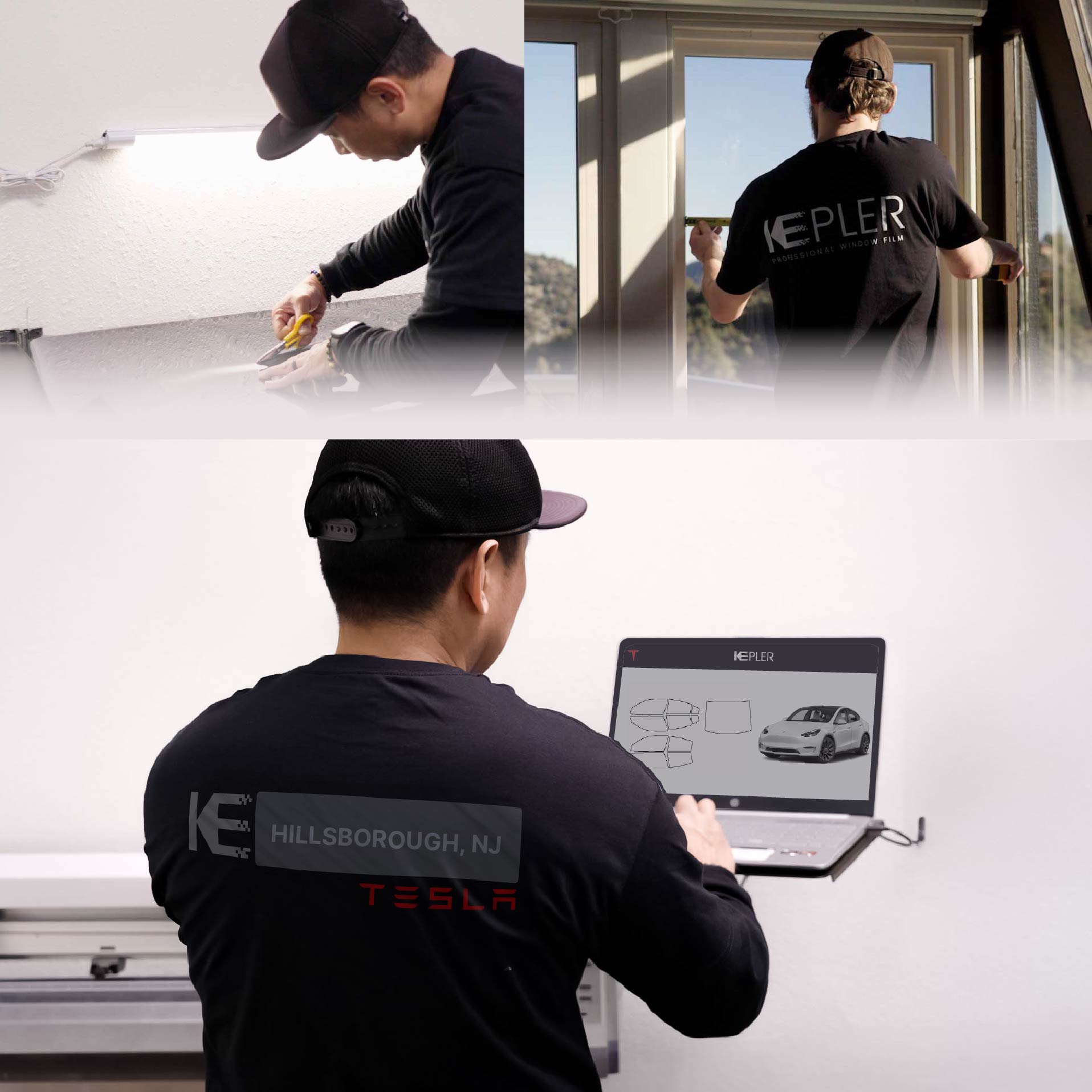 Expert Technician Fitting High-tech Window Tint to Tesla in Hillsborough