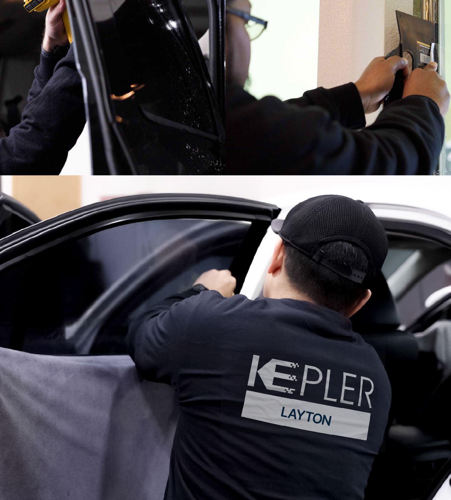 Automotive Window Tinting Expert Applying Film in Layton, Utah