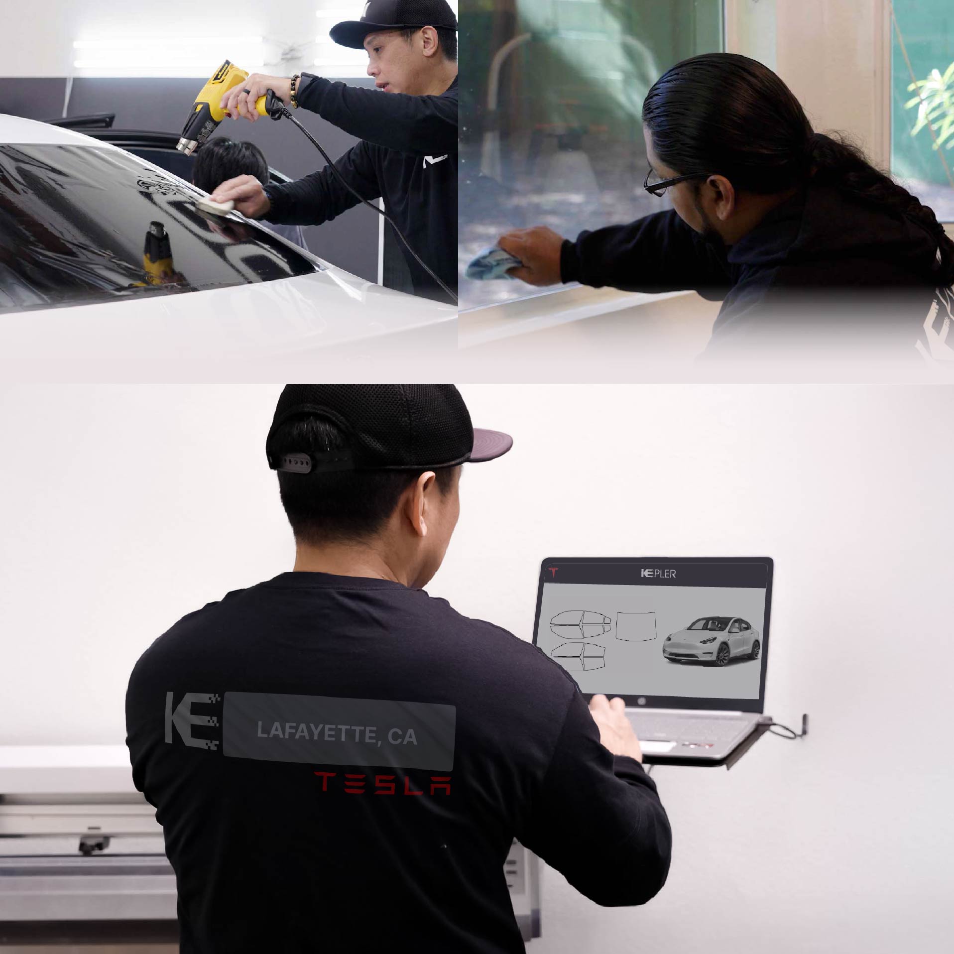 Kepler Technician Applying Advanced Window Tint to Tesla in Lafayette