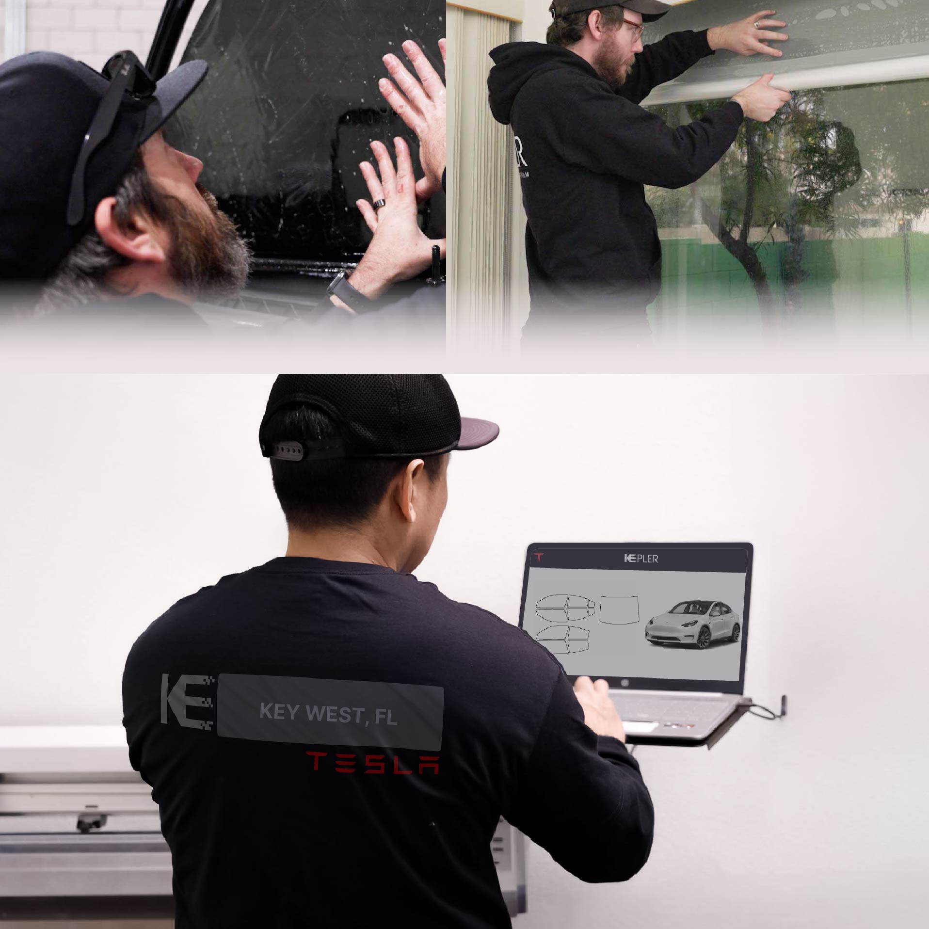 Kepler Technician Fitting Ceramic Window Tint to Tesla in Key West