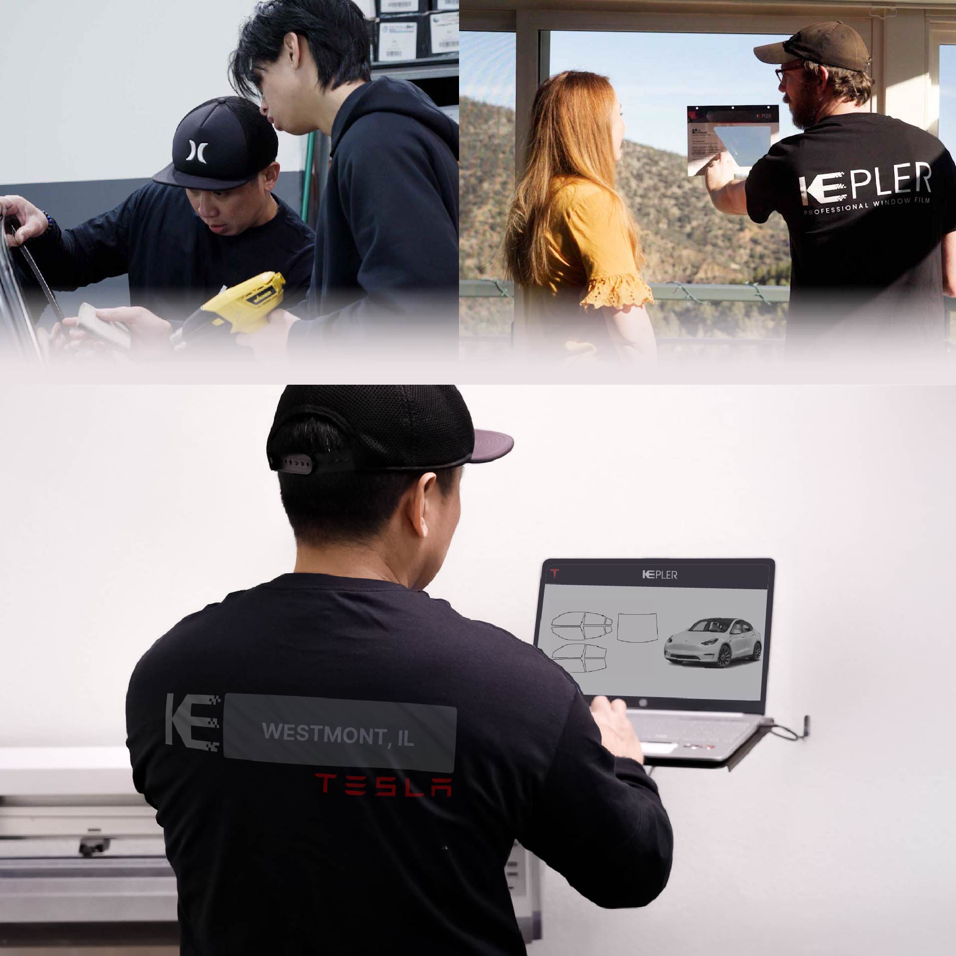 Kepler Technician Applying High-tech Window Tint to Tesla in Westmont
