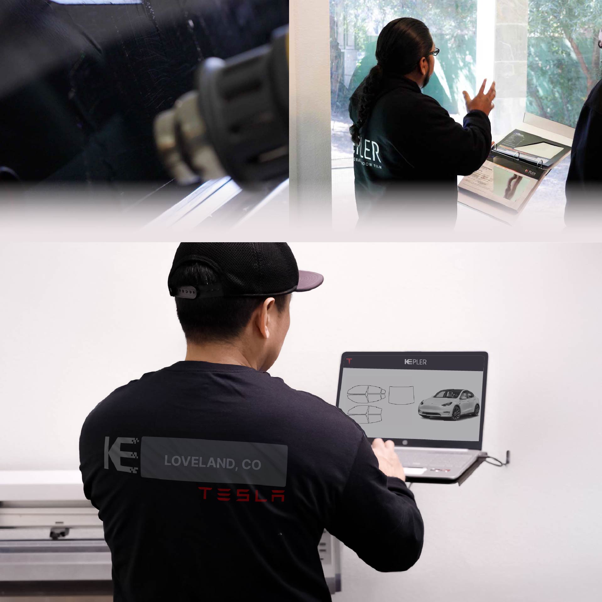 Expert Technician Installing High-tech Window Tint to Tesla in Loveland