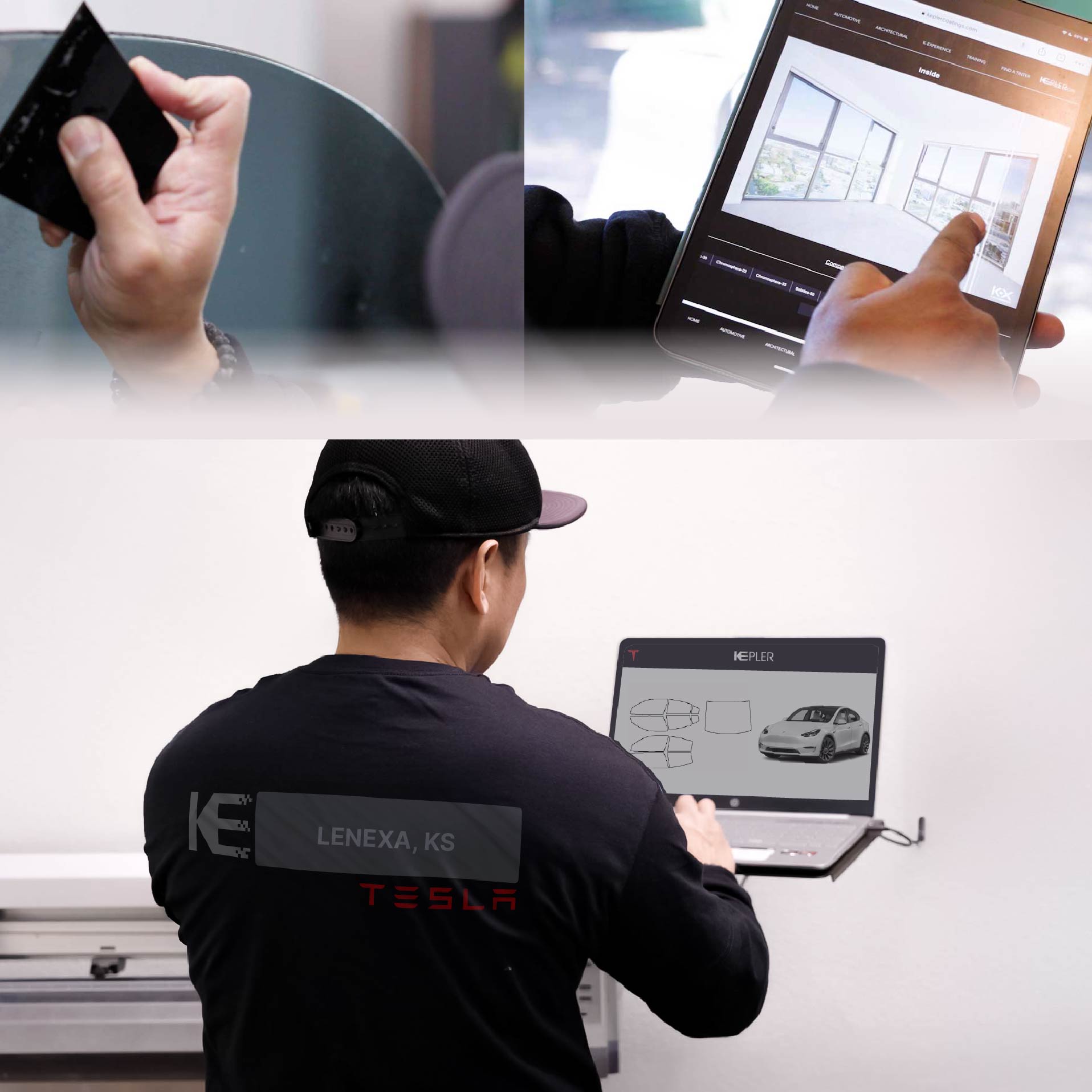 Expert Technician Applying Advanced Window Tint to Tesla in Lenexa