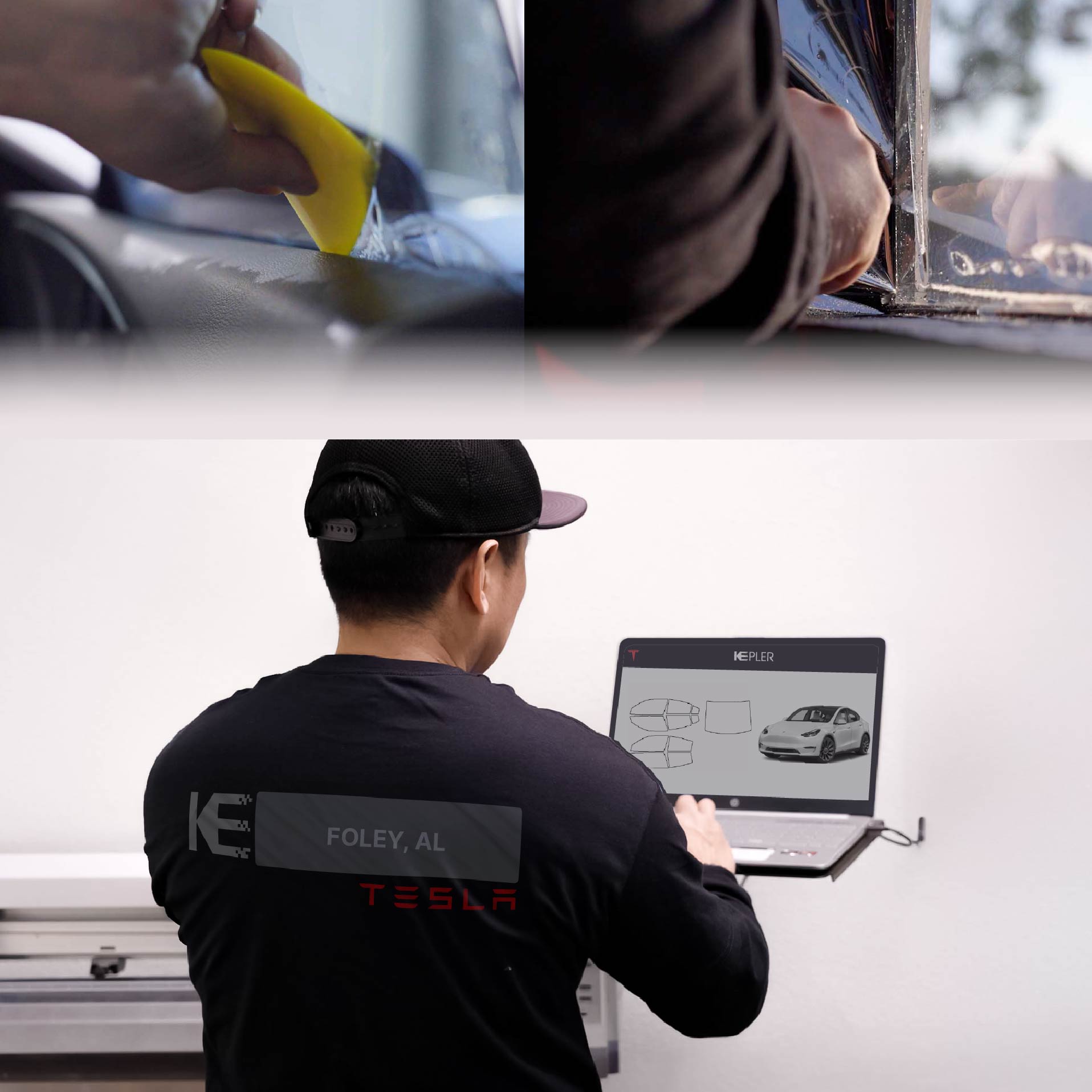 Expert Technician Applying High-tech Window Tint to Tesla in Foley