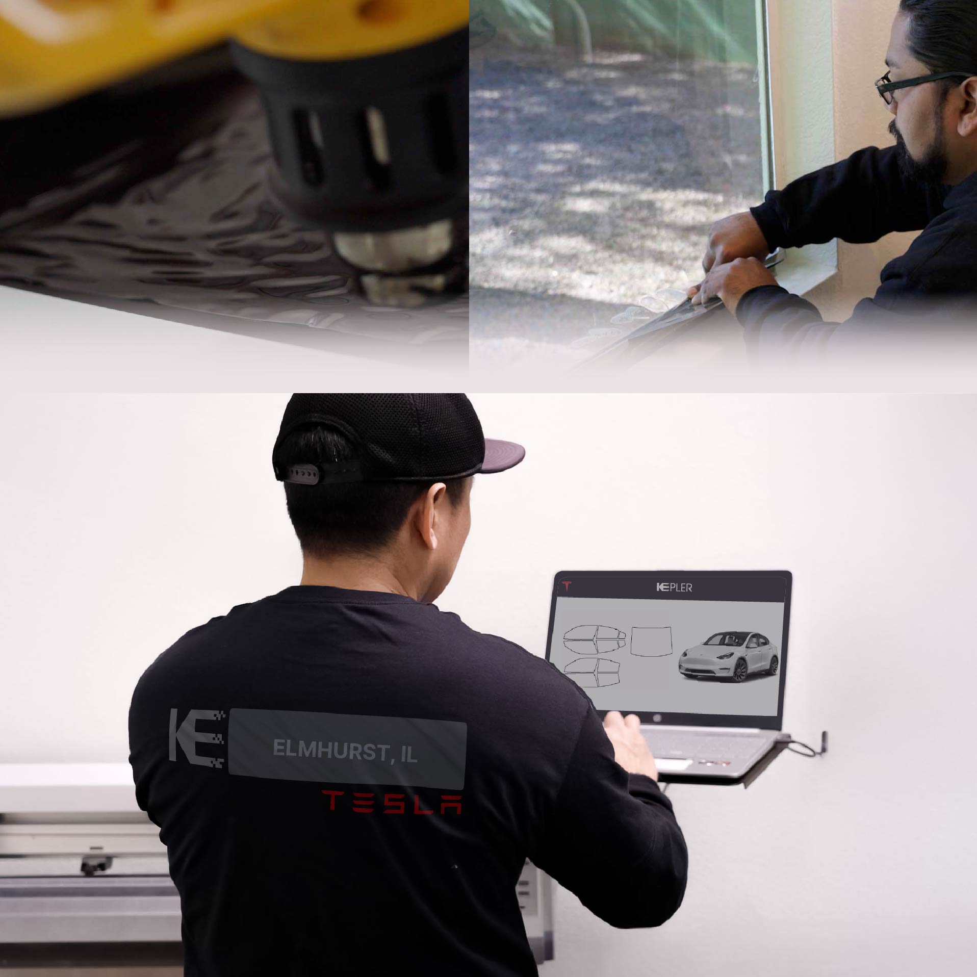 Kepler Technician Installing Advanced Window Tint to Tesla in Elmhurst
