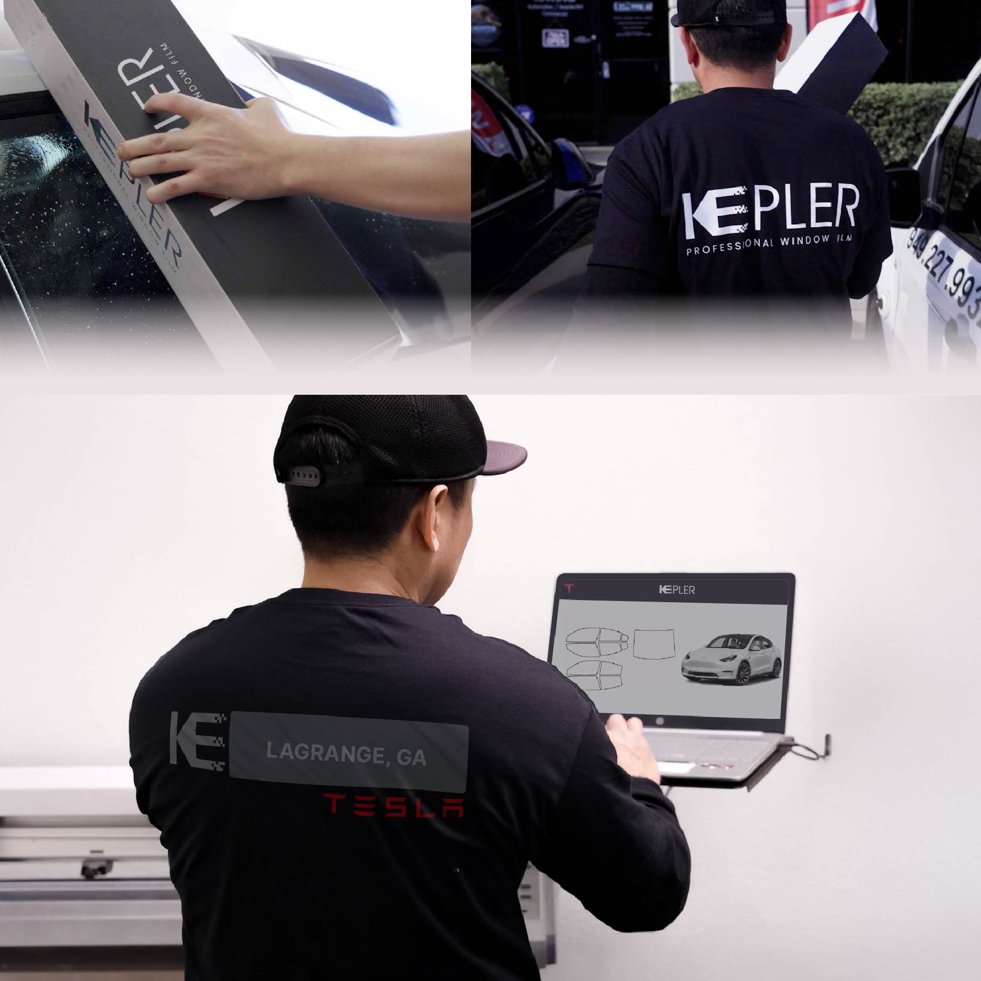 Kepler Technician Installing Ceramic Window Tint to Tesla in LaGrange