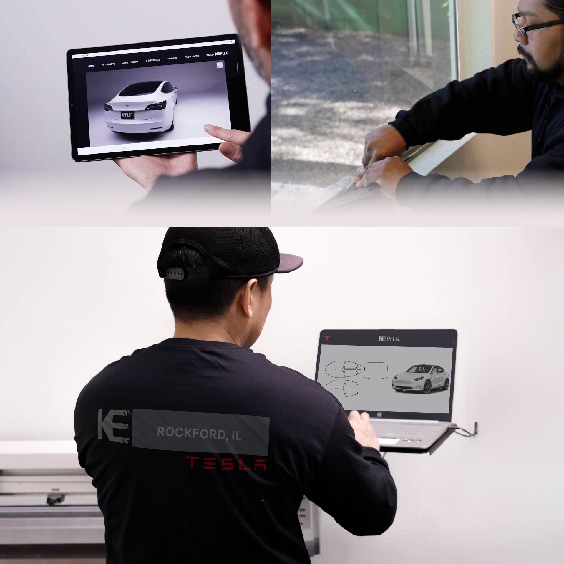 Expert Technician Installing High-tech Window Tint to Tesla in Rockford