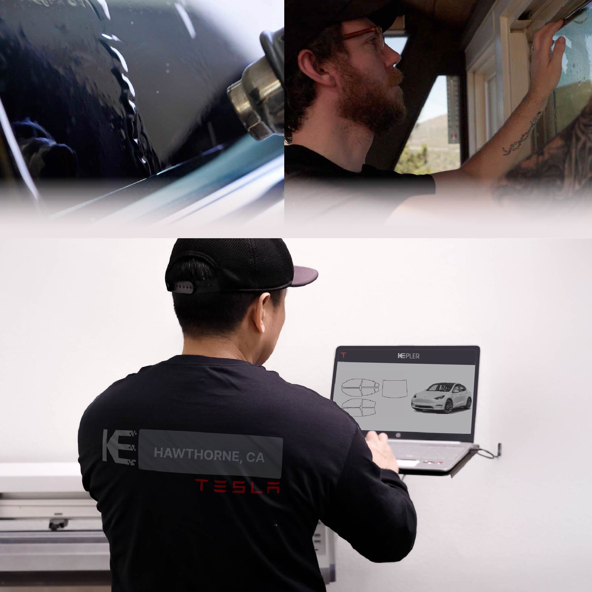 Expert Technician Applying High-tech Window Tint to Tesla in Hawthorne