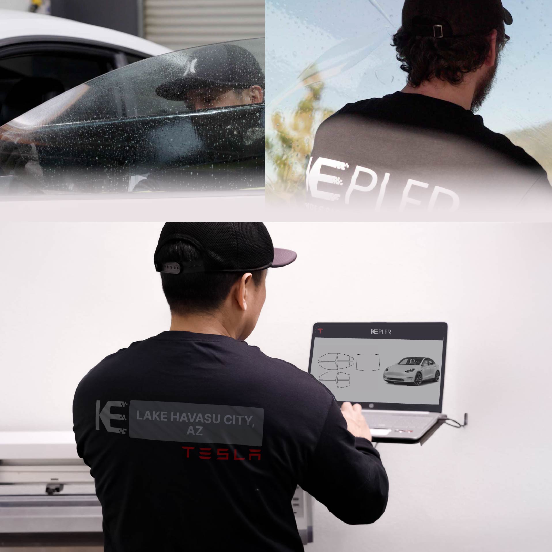 Kepler Technician Fitting Ceramic Window Tint to Tesla in Lake Havasu City