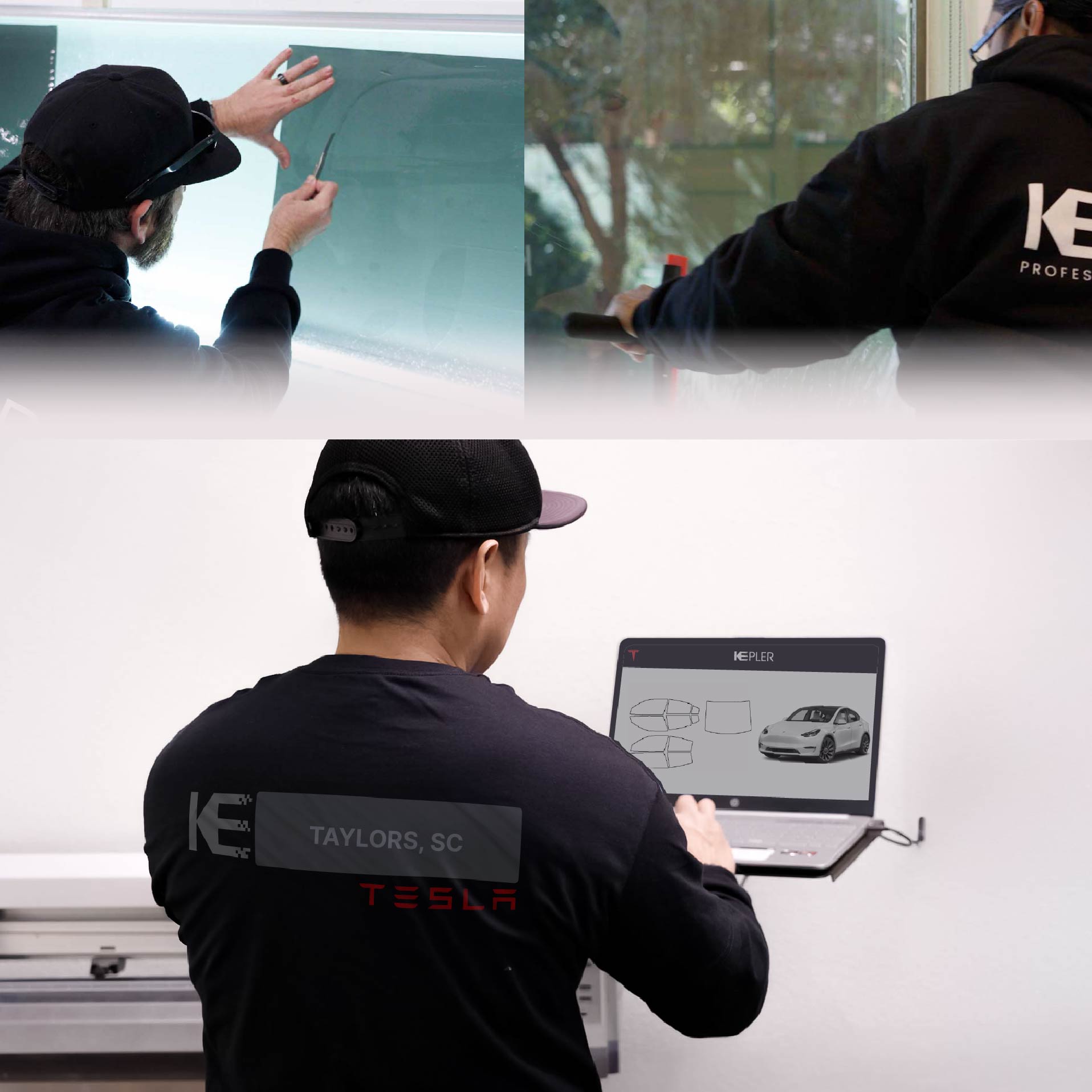 Kepler Technician Applying High-tech Window Tint to Tesla in Taylors