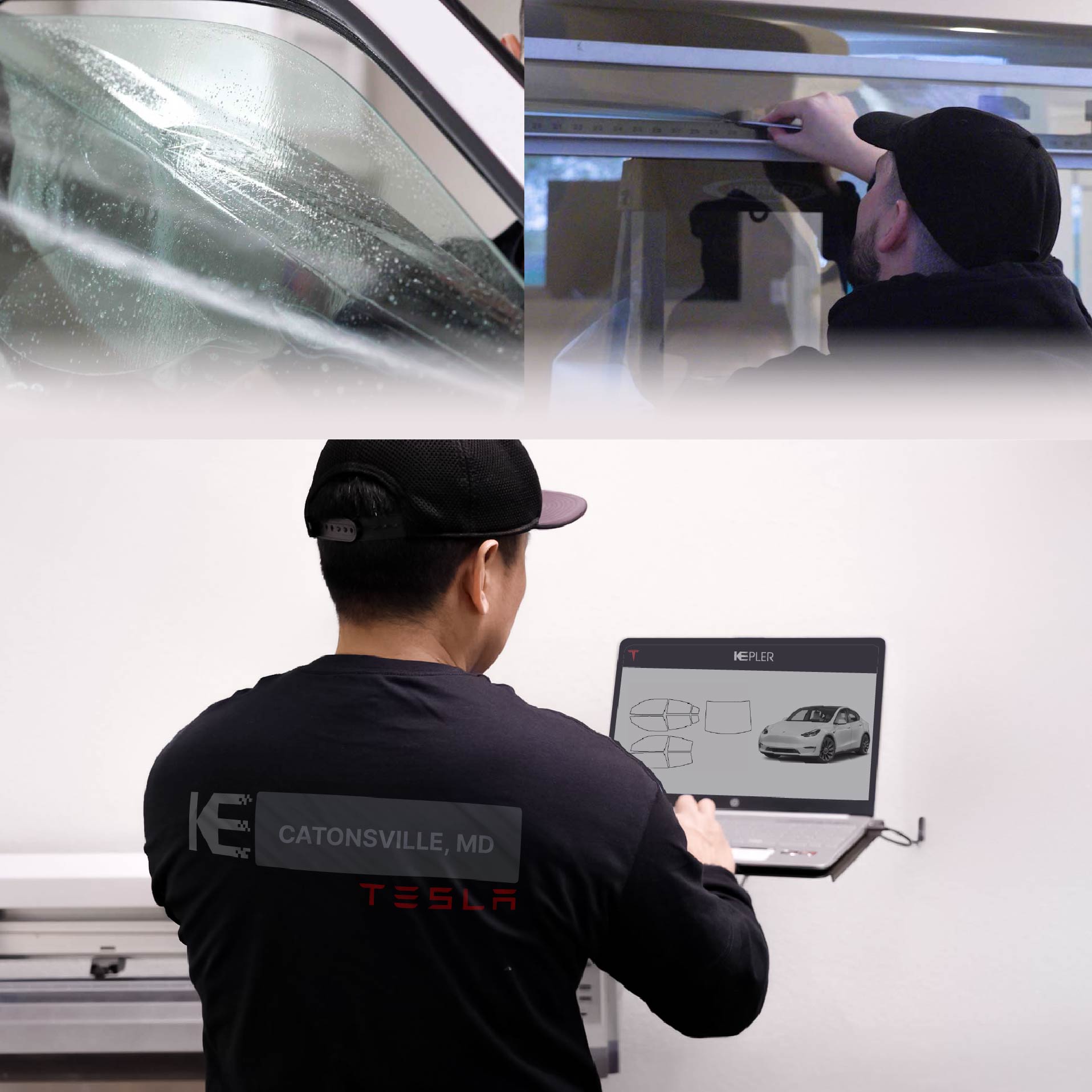 Expert Technician Installing High-tech Window Tint to Tesla in Catonsville