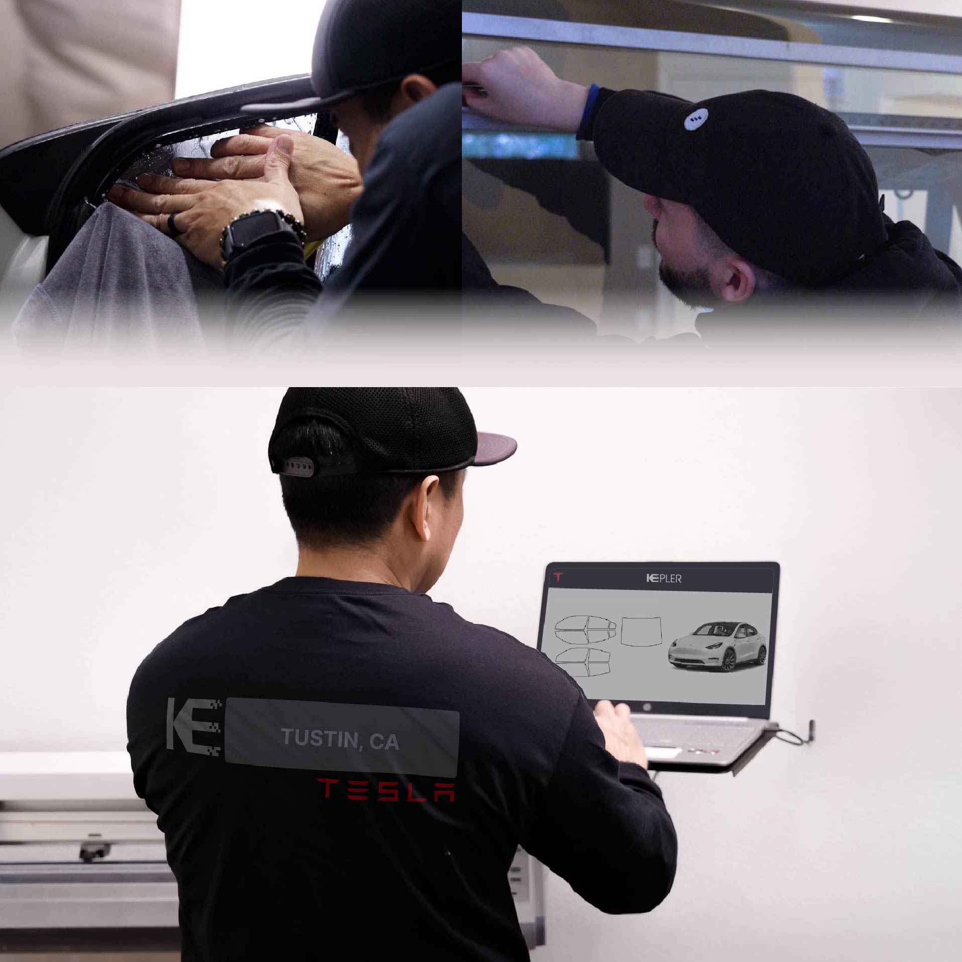 Expert Technician Applying Ceramic Window Tint to Tesla in Tustin