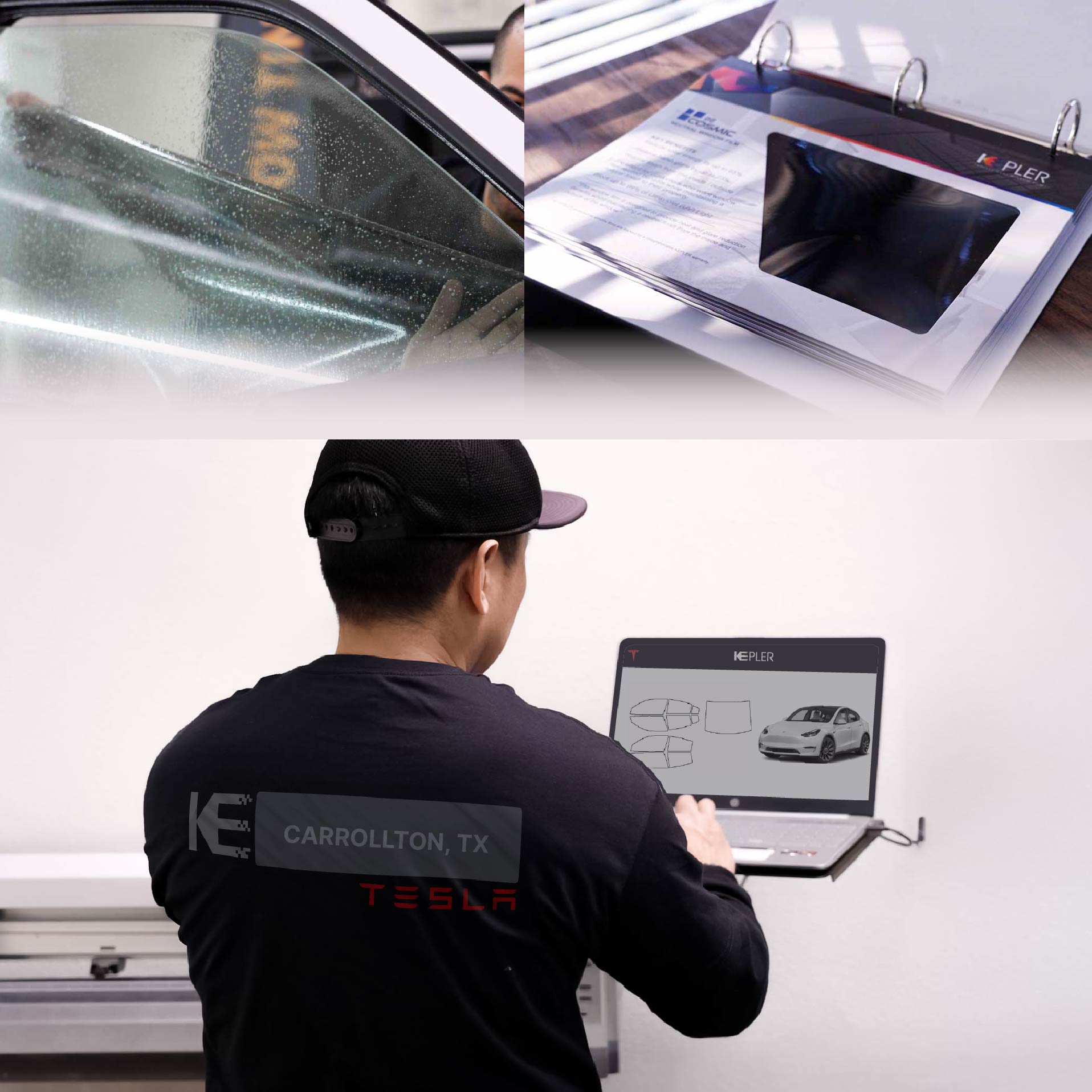 Expert Technician Fitting Advanced Window Tint to Tesla in Carrollton
