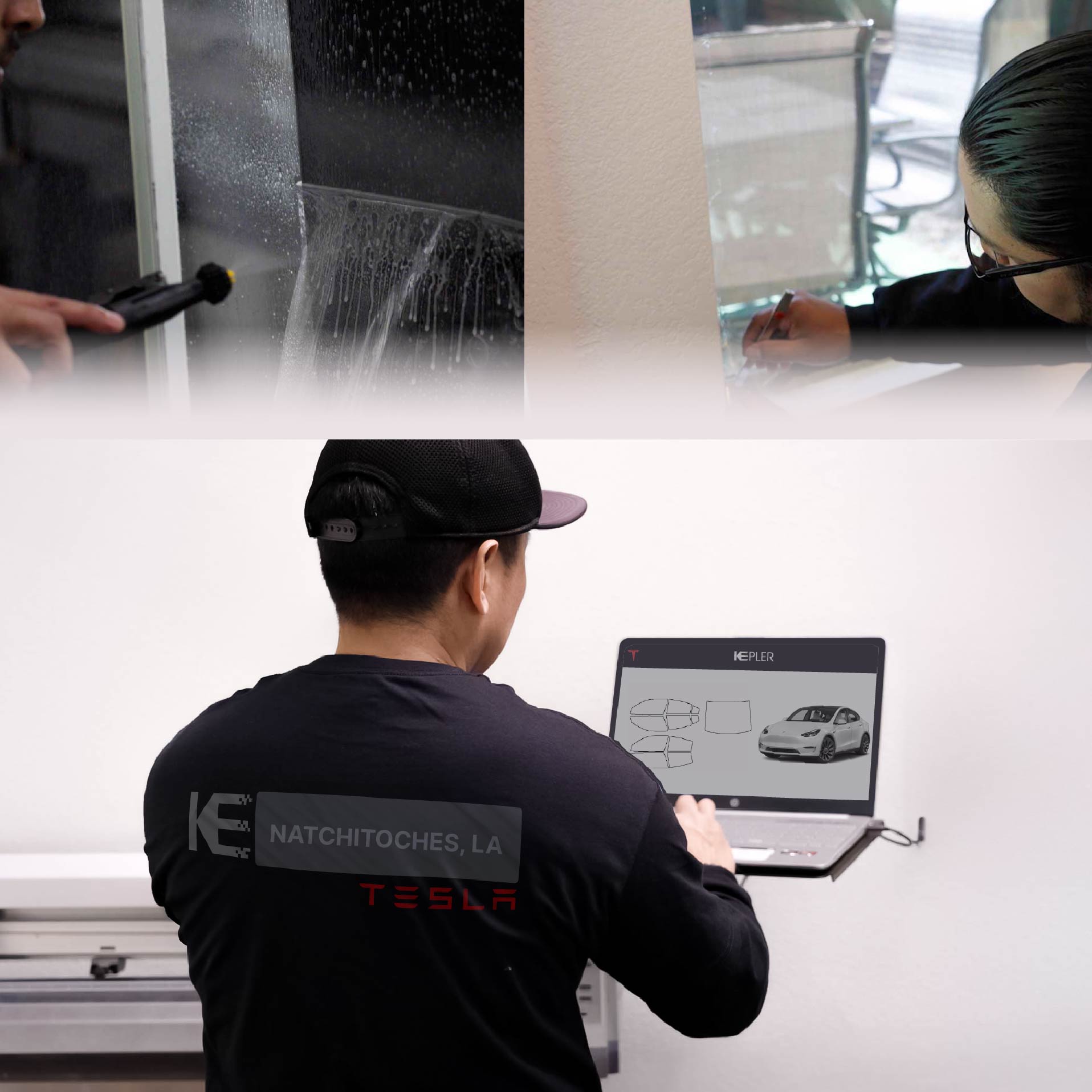 Expert Technician Installing Advanced Window Tint to Tesla in Natchitoches