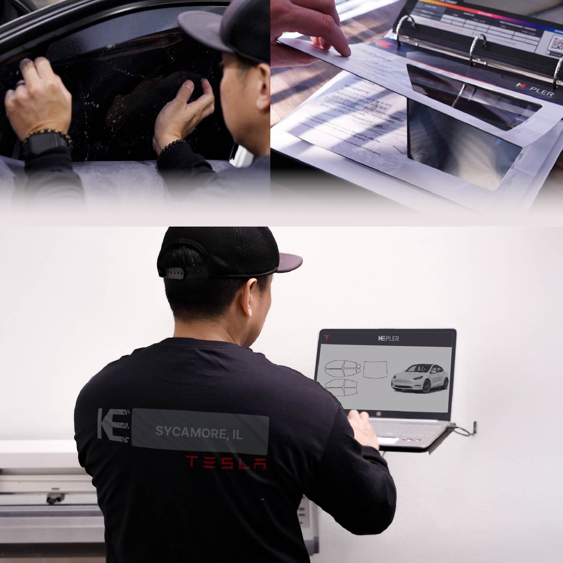Kepler Technician Fitting Advanced Window Tint to Tesla in Sycamore