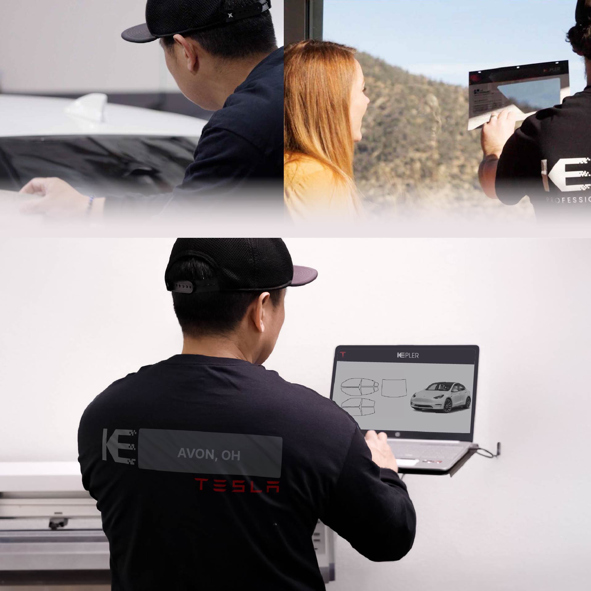 Kepler Technician Installing High-tech Window Tint to Tesla in Avon