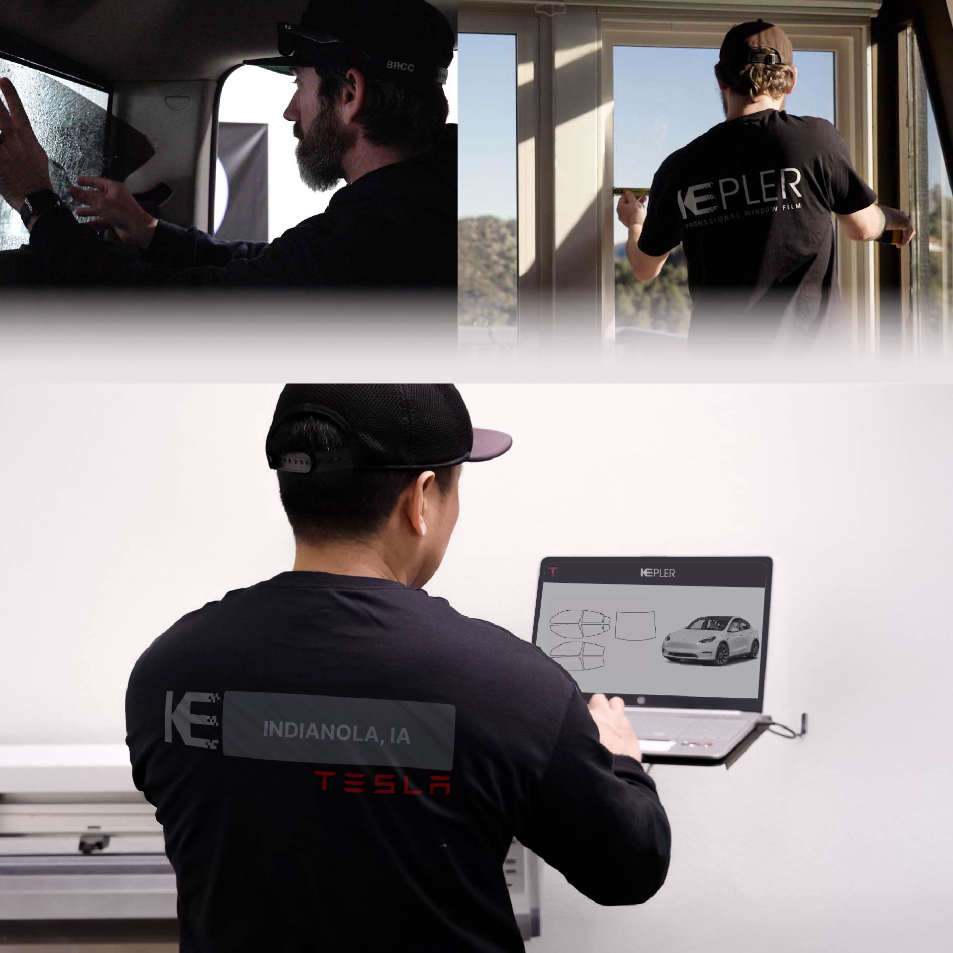 Kepler Technician Fitting Advanced Window Tint to Tesla in Indianola