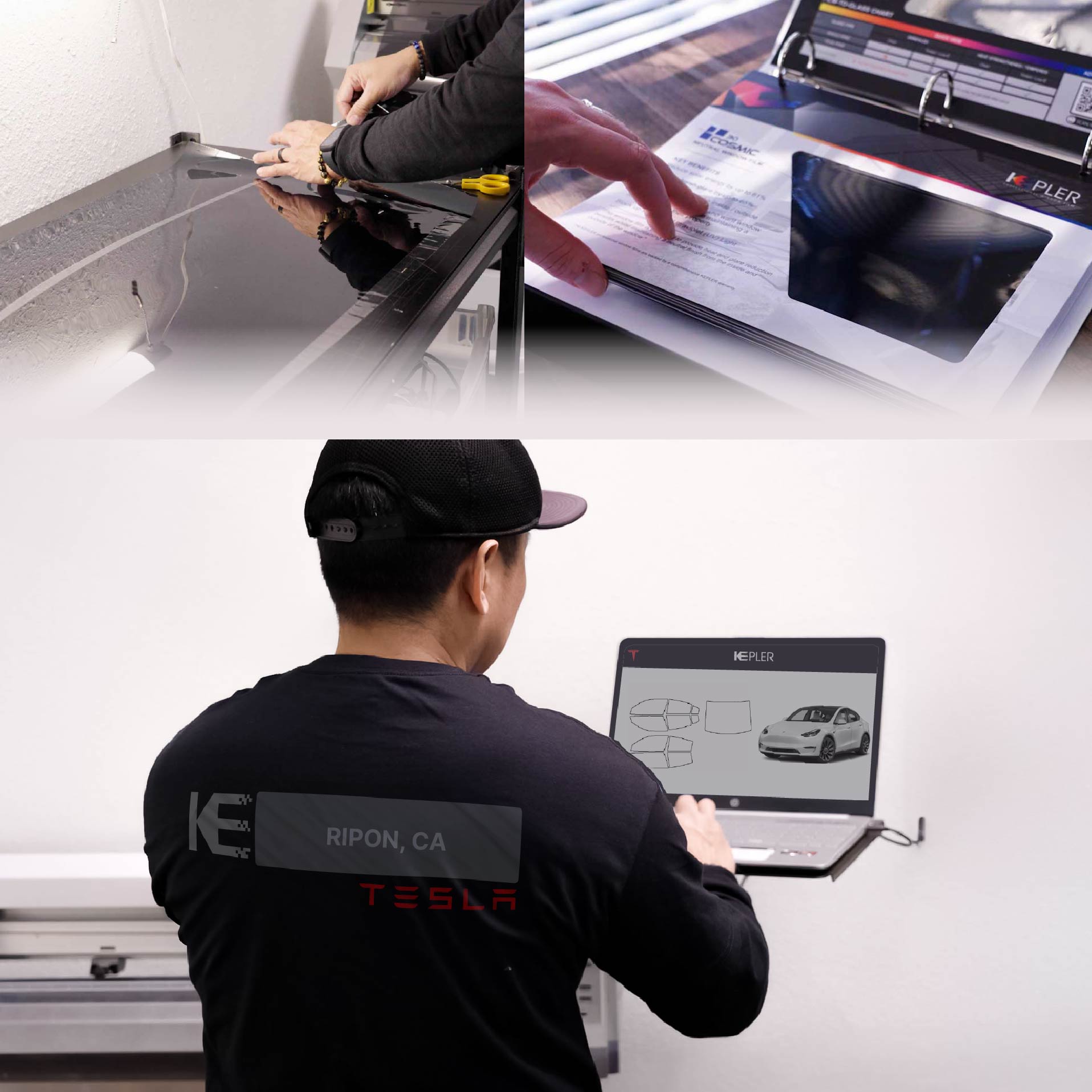 Kepler Technician Applying Ceramic Window Tint to Tesla in Ripon