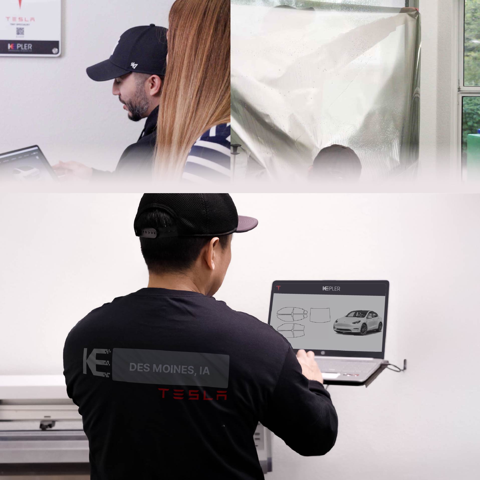 Expert Technician Applying High-tech Window Tint to Tesla in Des Moines