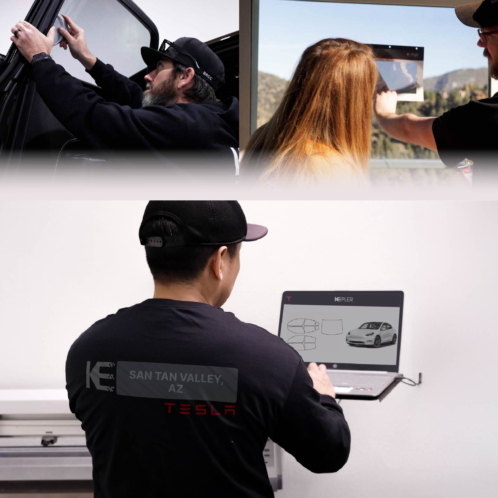 Expert Technician Applying Ceramic Window Tint to Tesla in San Tan Valley