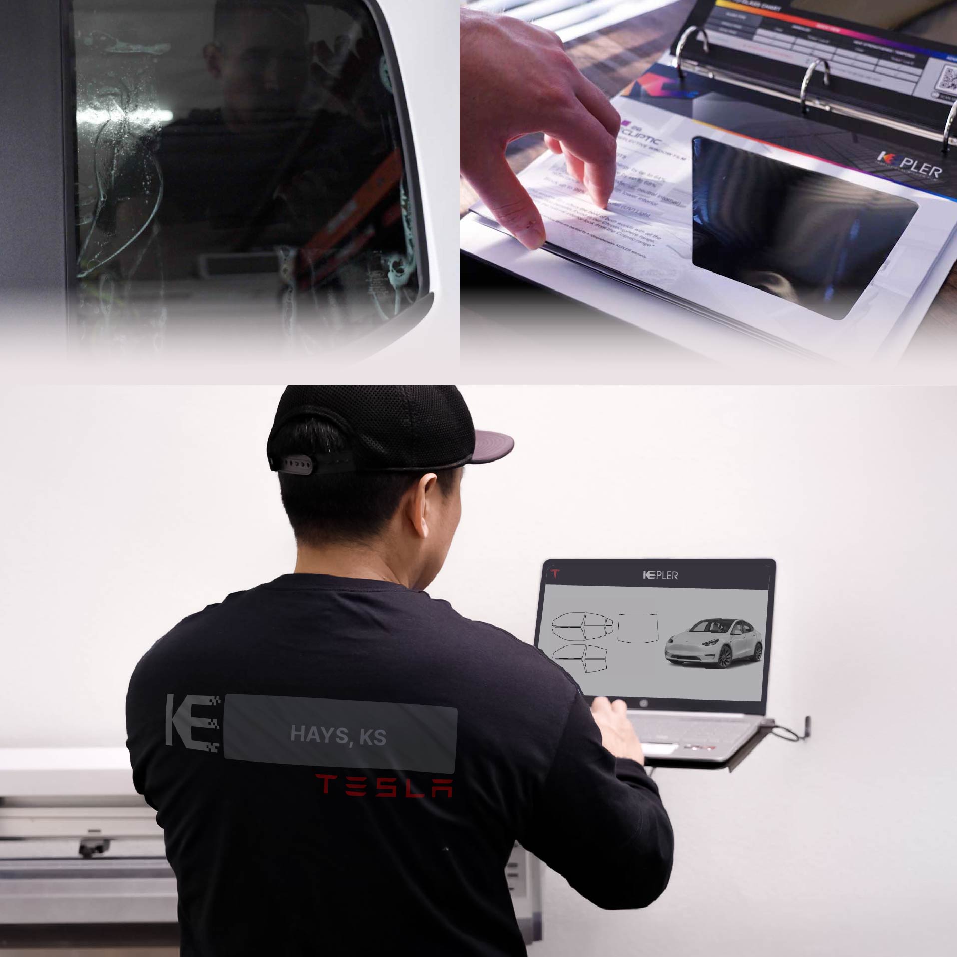 Kepler Technician Applying High-tech Window Tint to Tesla in Hays