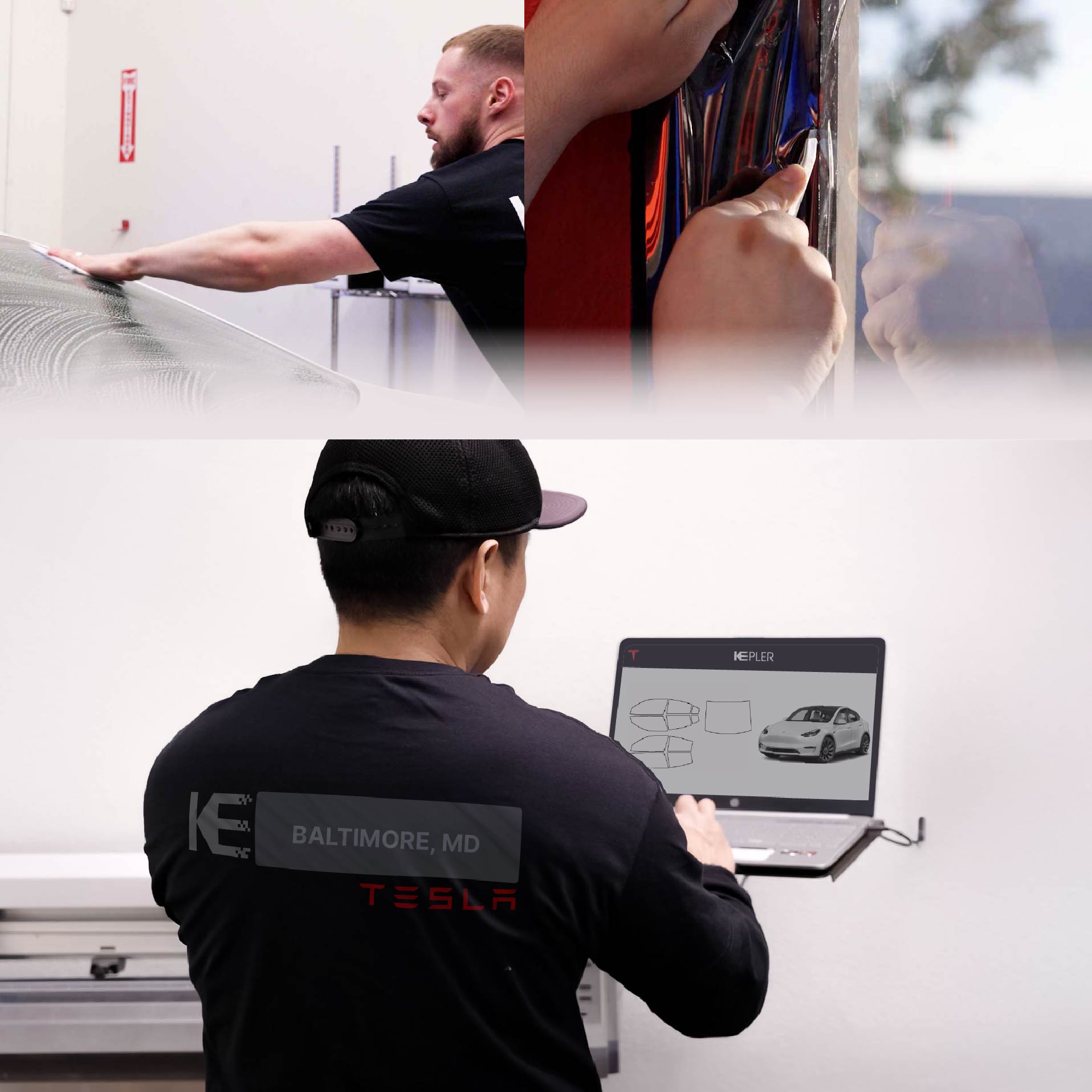 Expert Technician Applying High-tech Window Tint to Tesla in Baltimore