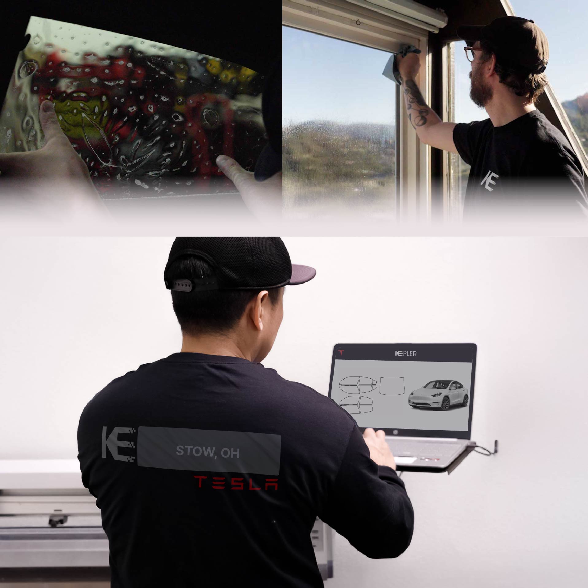 Expert Technician Applying Ceramic Window Tint to Tesla in Stow