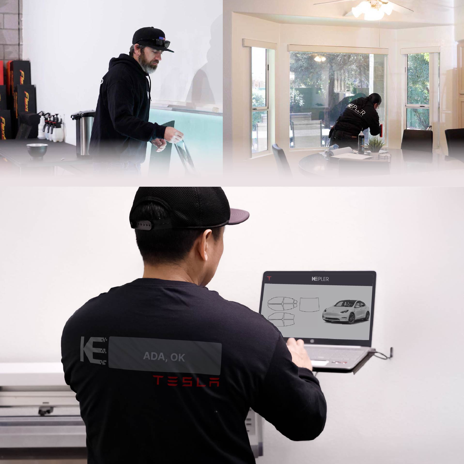 Kepler Technician Fitting Ceramic Window Tint to Tesla in Ada