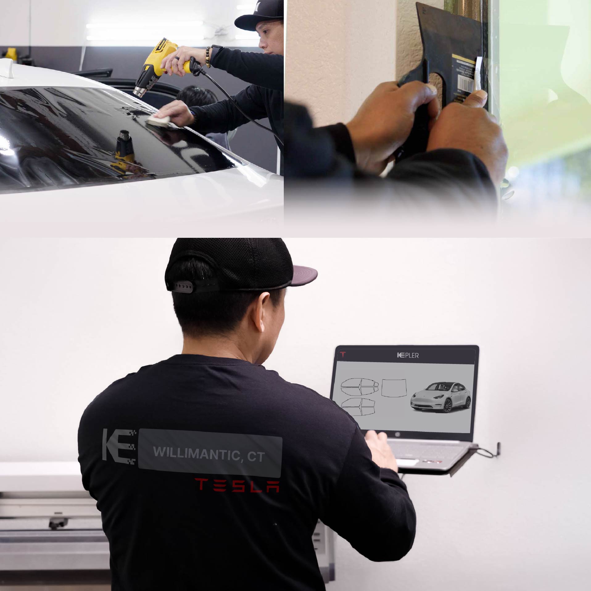 Kepler Technician Applying High-tech Window Tint to Tesla in Willimantic