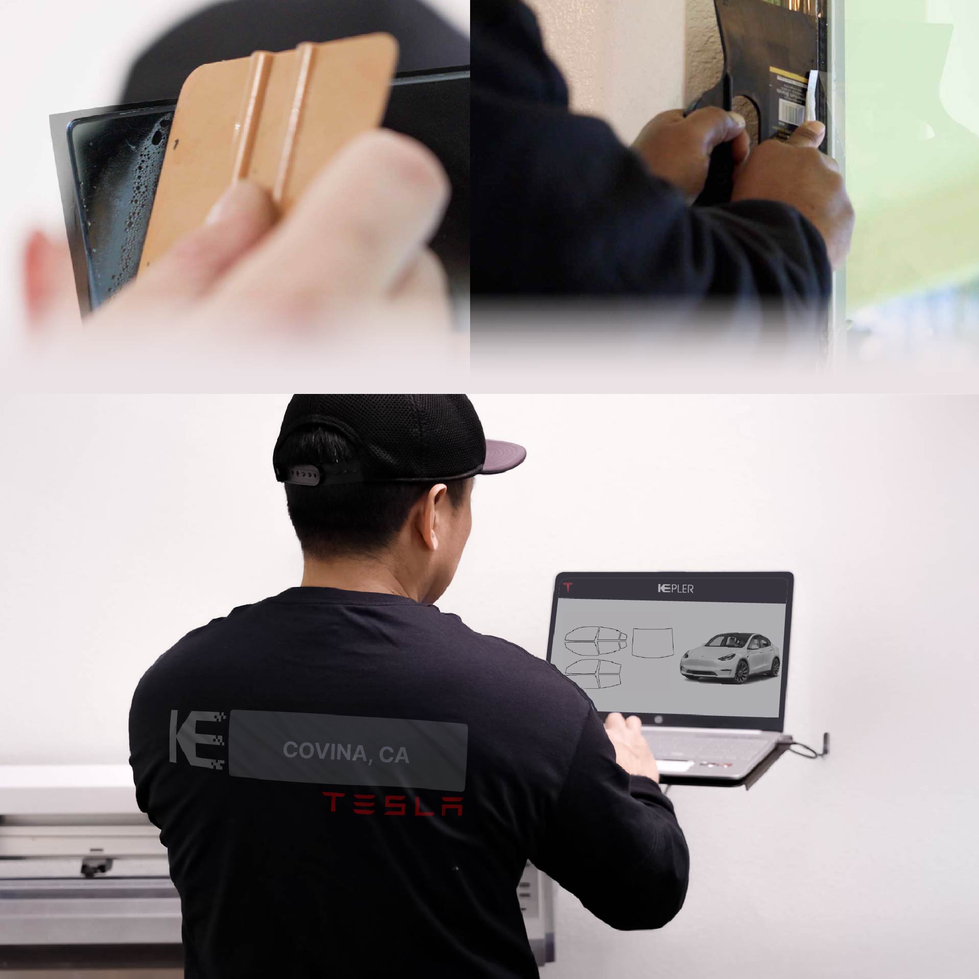 Kepler Technician Applying Advanced Window Tint to Tesla in Covina