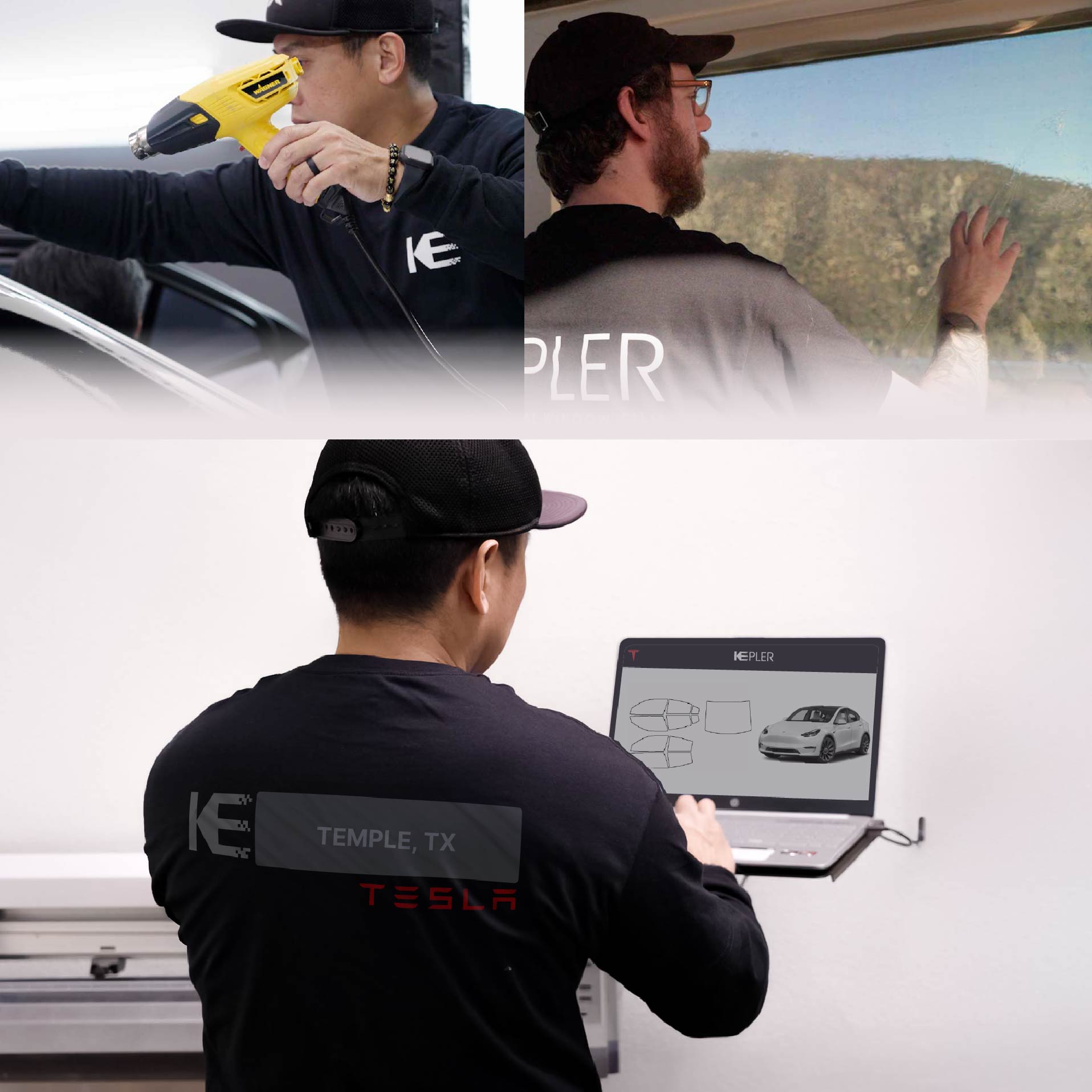 Kepler Technician Fitting Ceramic Window Tint to Tesla in Temple