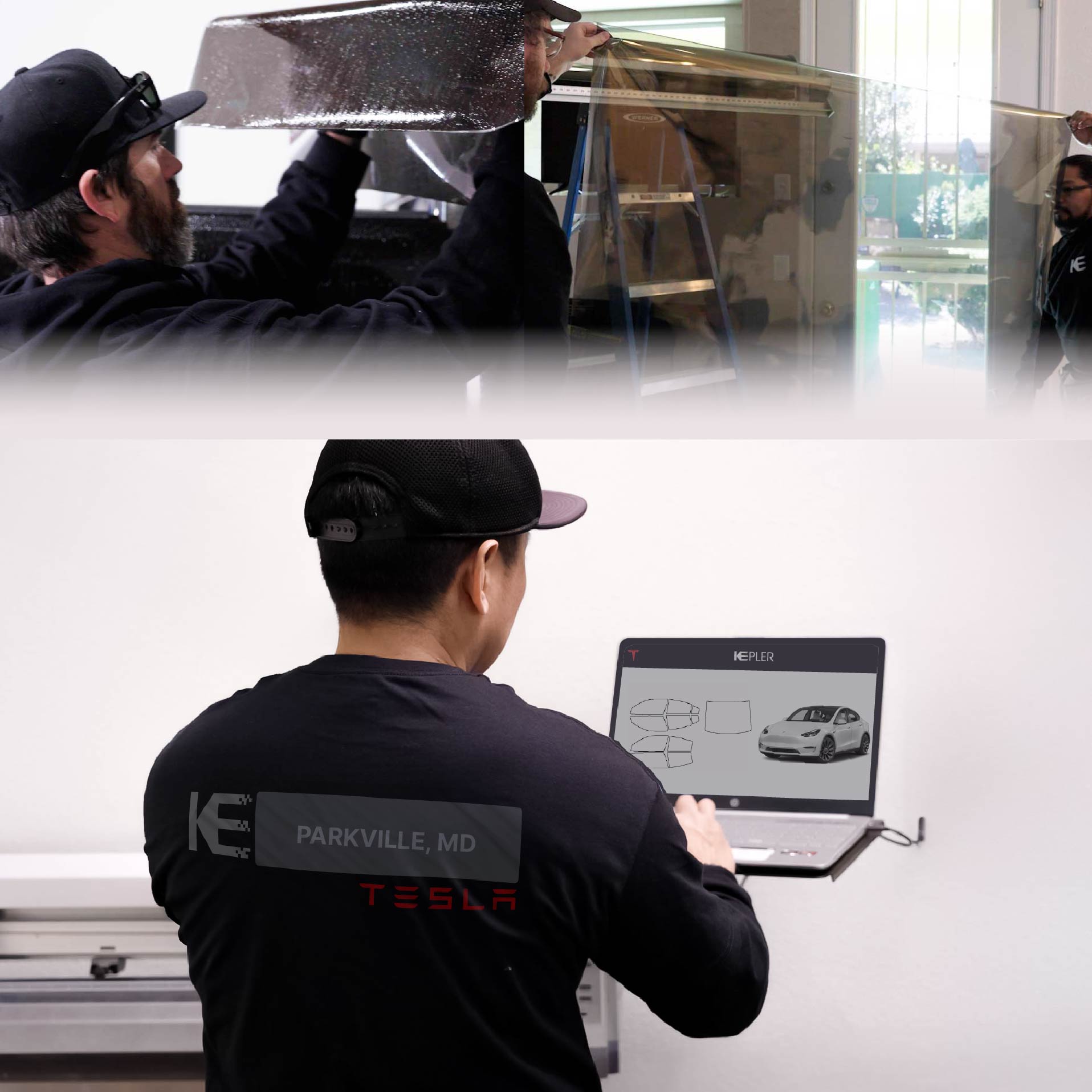 Kepler Technician Fitting Ceramic Window Tint to Tesla in Parkville