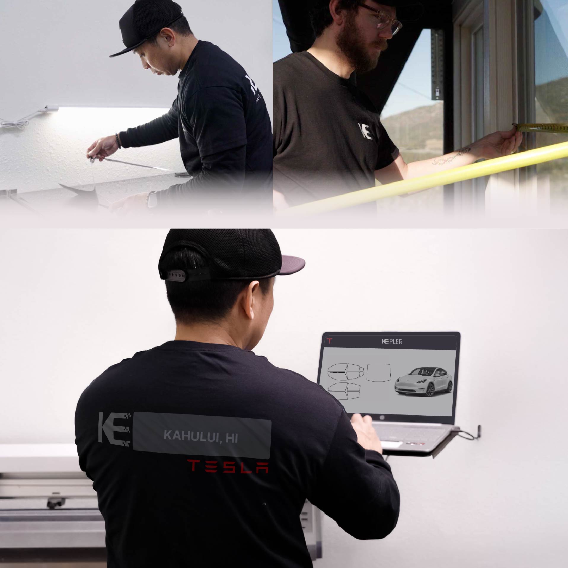 Kepler Technician Fitting Ceramic Window Tint to Tesla in Kahului
