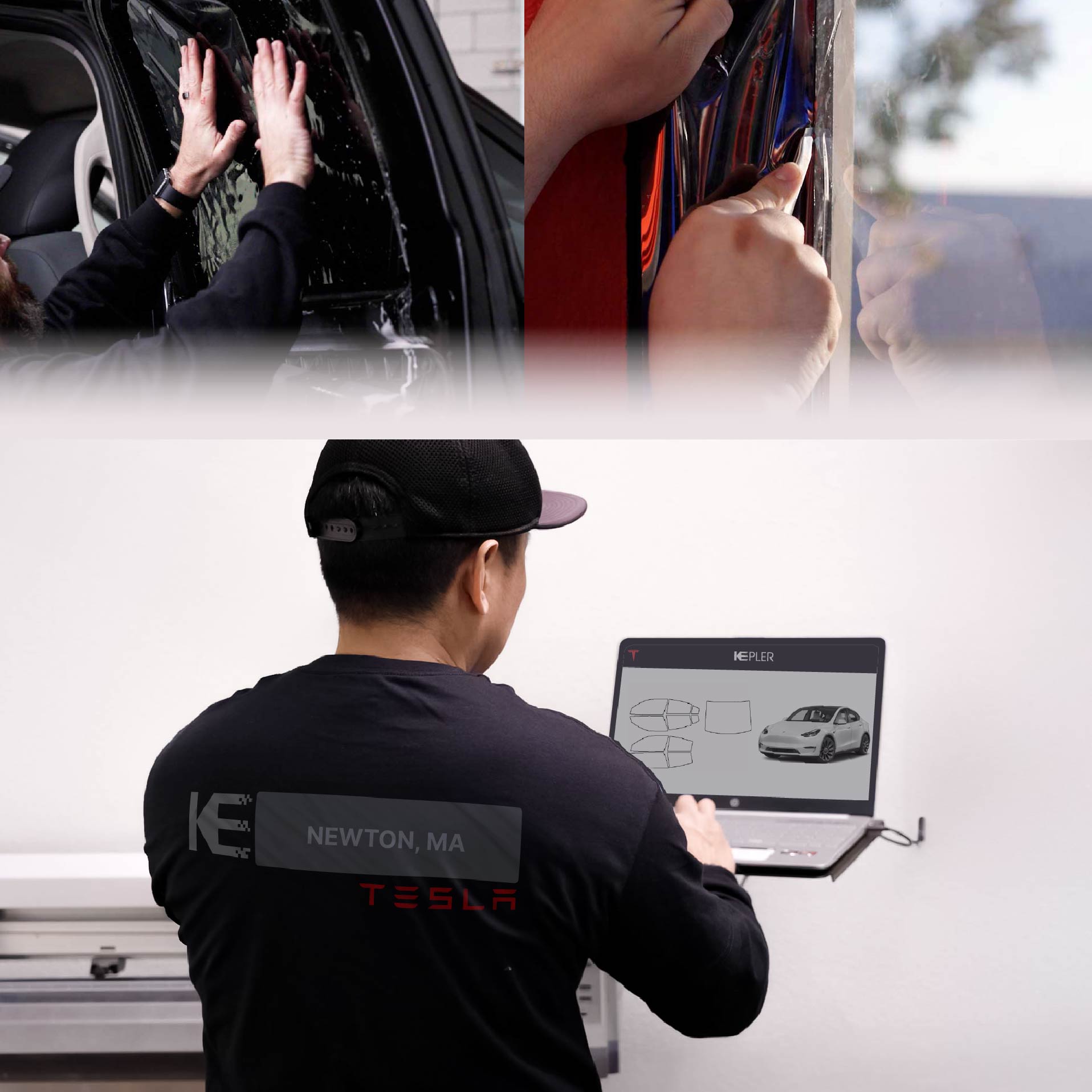 Kepler Technician Fitting High-tech Window Tint to Tesla in Newton