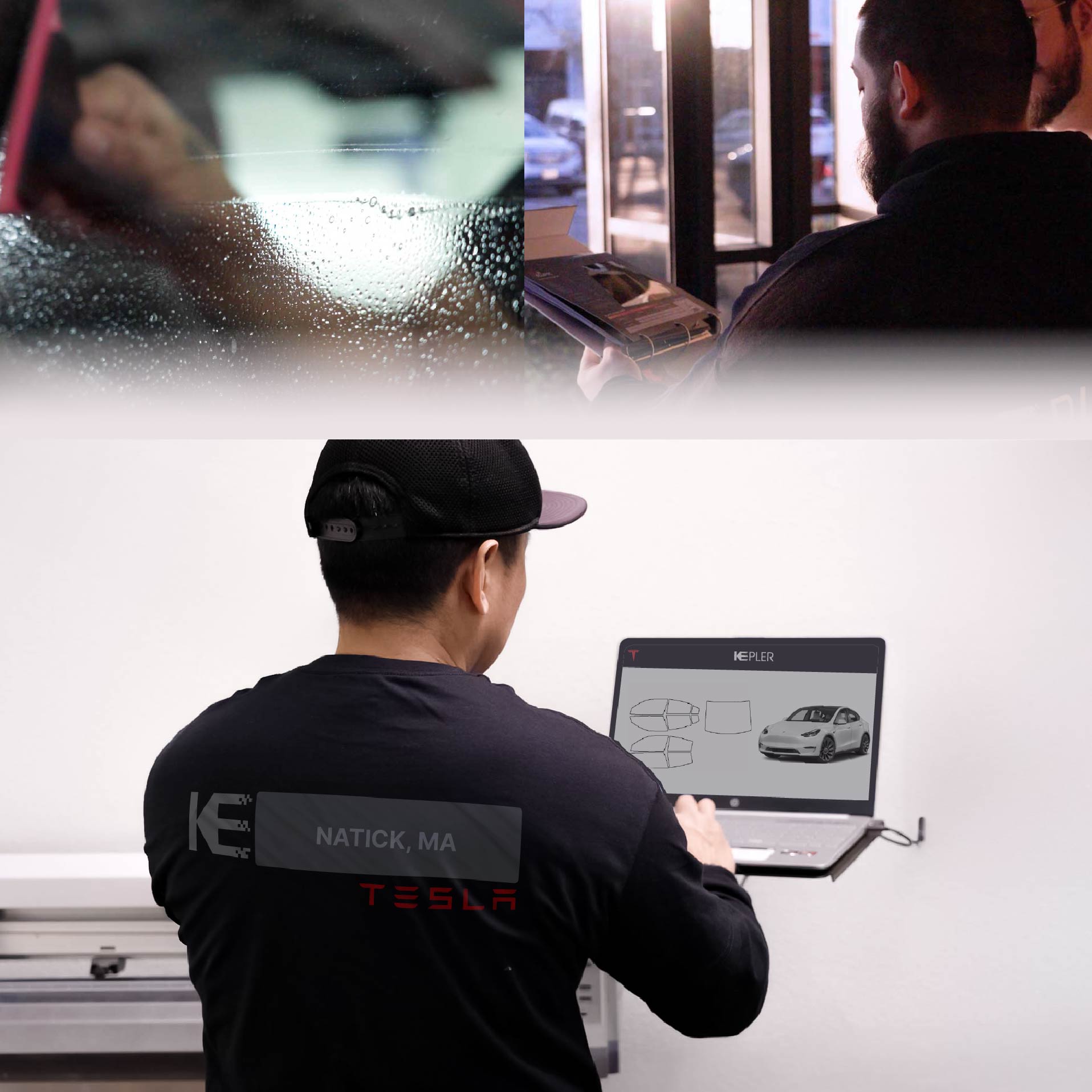 Kepler Technician Applying Ceramic Window Tint to Tesla in Natick