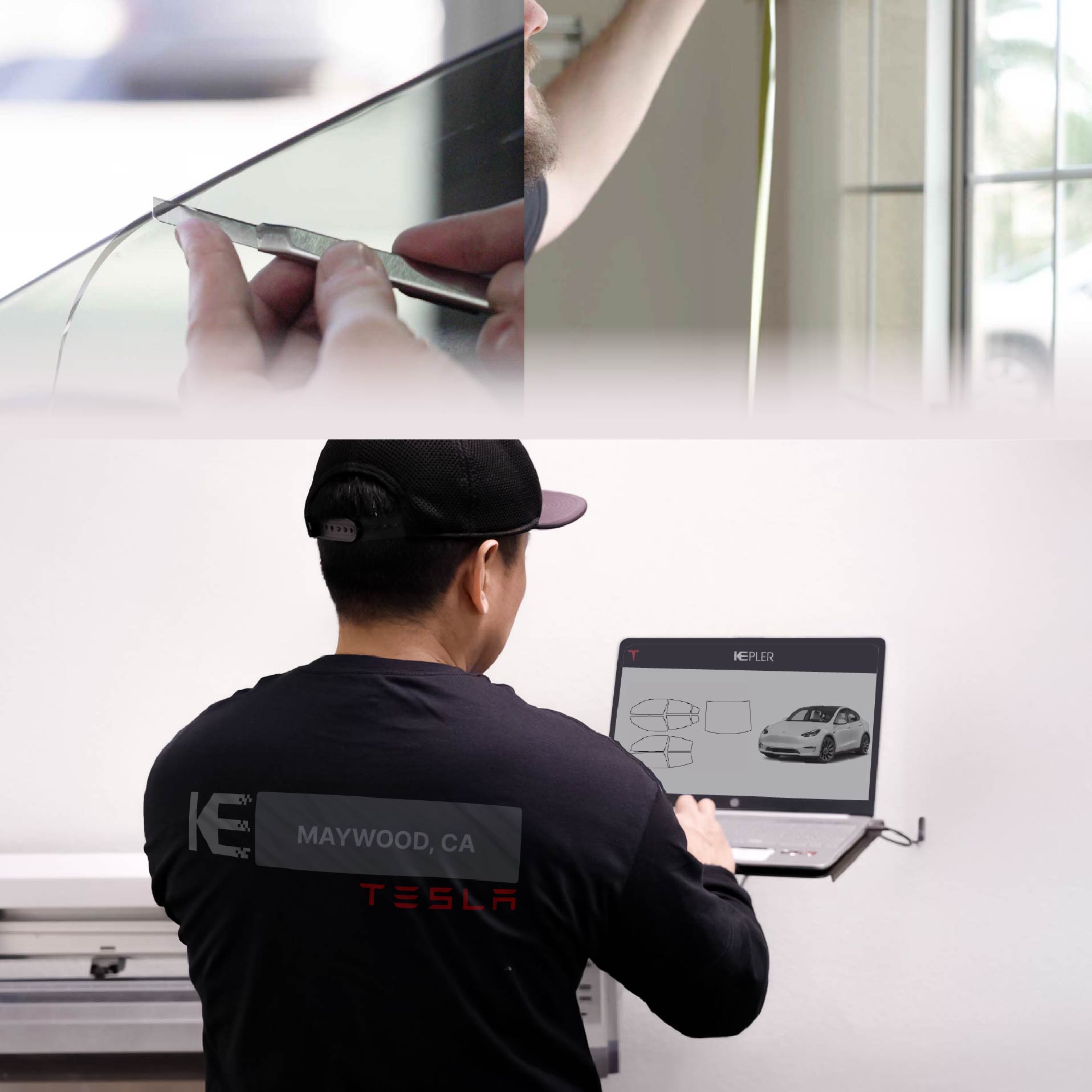 Kepler Technician Applying High-tech Window Tint to Tesla in Maywood