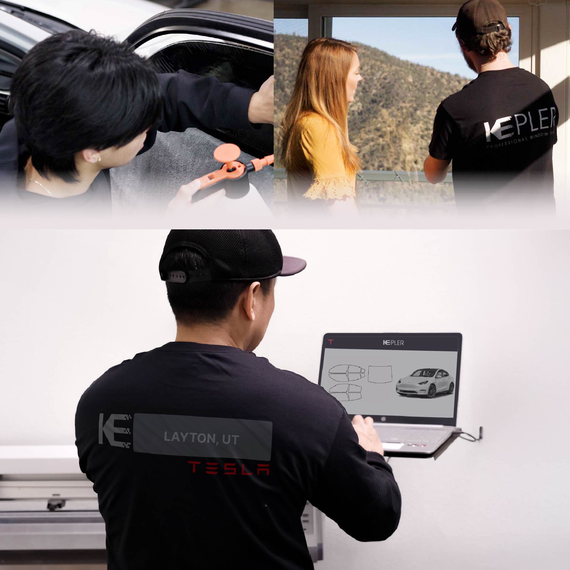Kepler Technician Installing High-tech Window Tint to Tesla in Layton