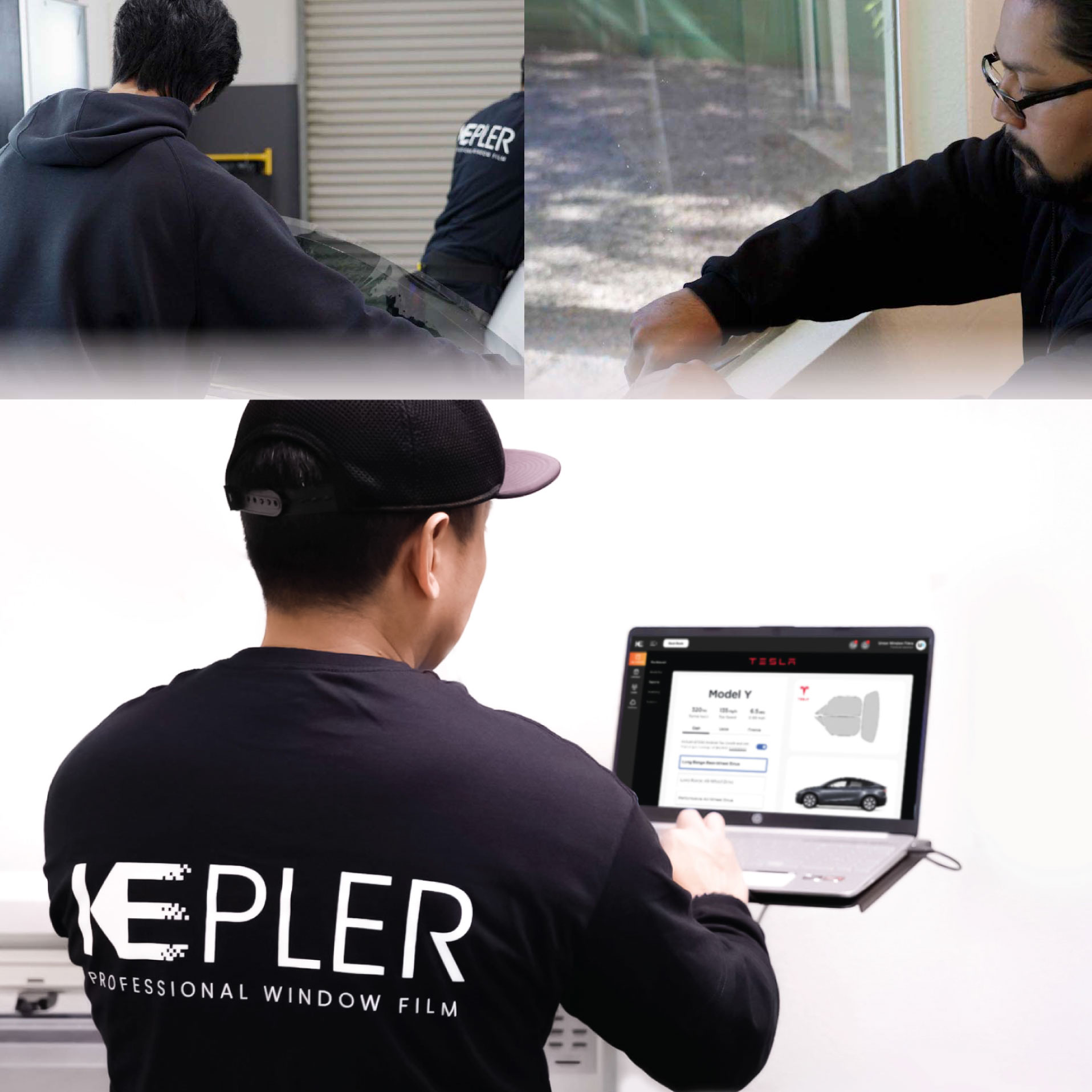 Expert Technician Applying Advanced Window Tint to Tesla in Perry