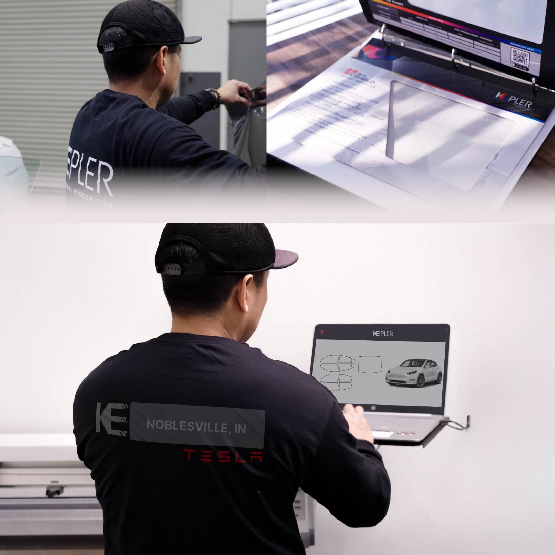 Kepler Technician Fitting Ceramic Window Tint to Tesla in Noblesville