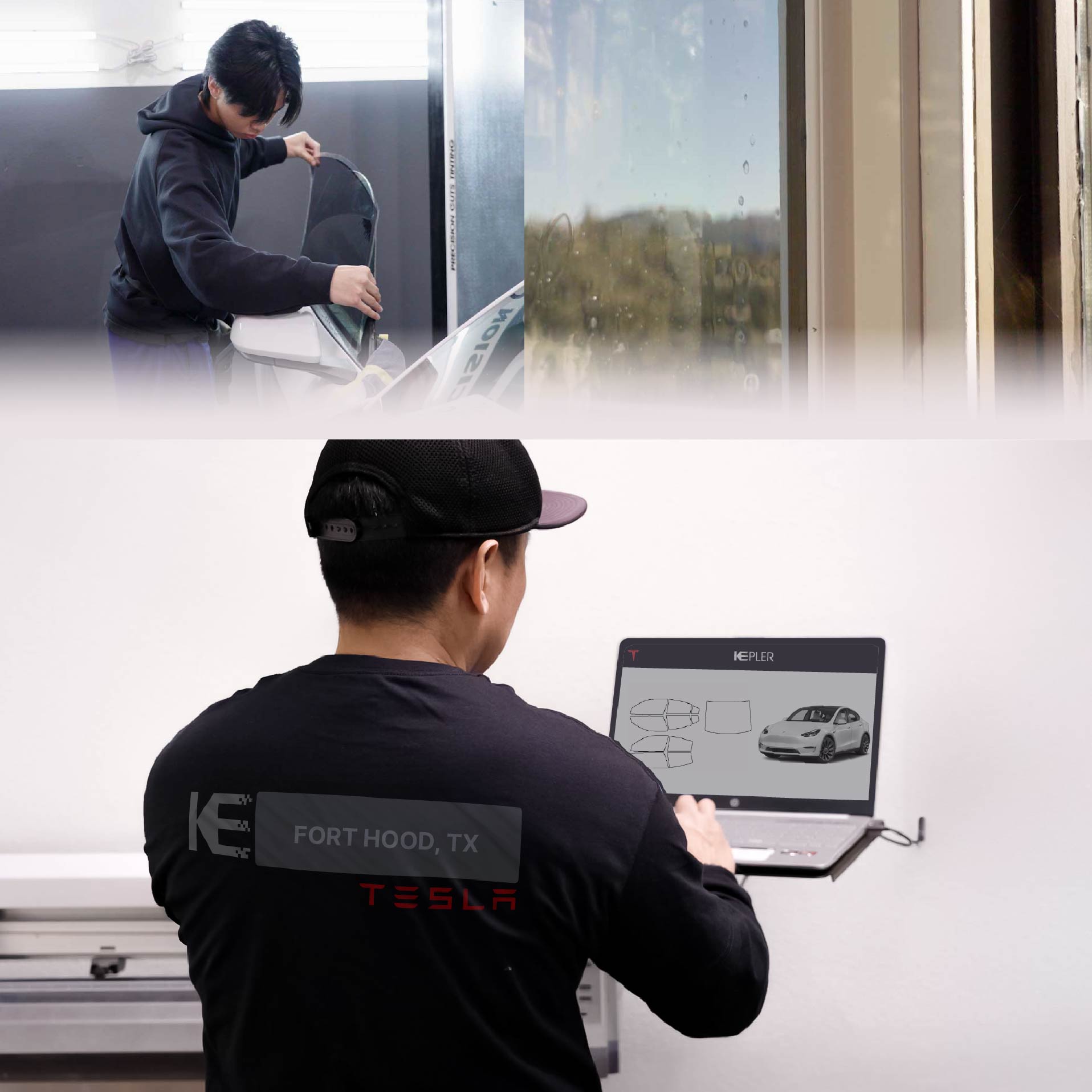 Kepler Technician Applying Ceramic Window Tint to Tesla in Fort Hood