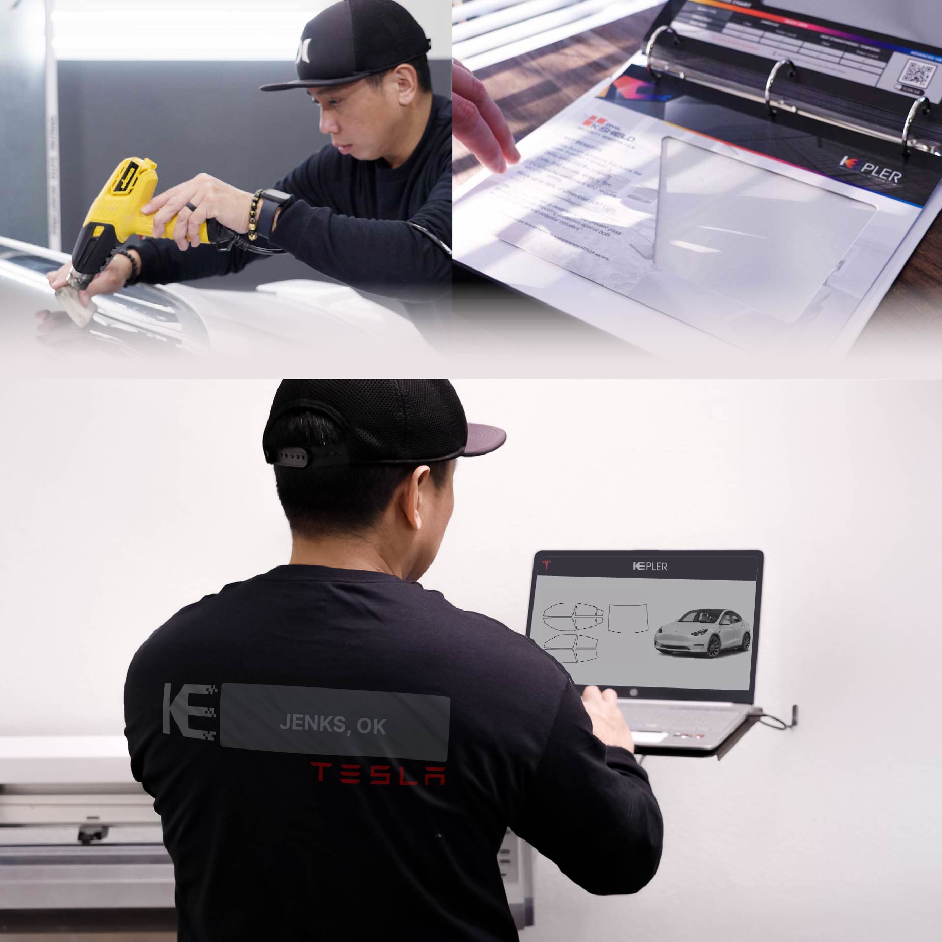Expert Technician Applying Advanced Window Tint to Tesla in Jenks