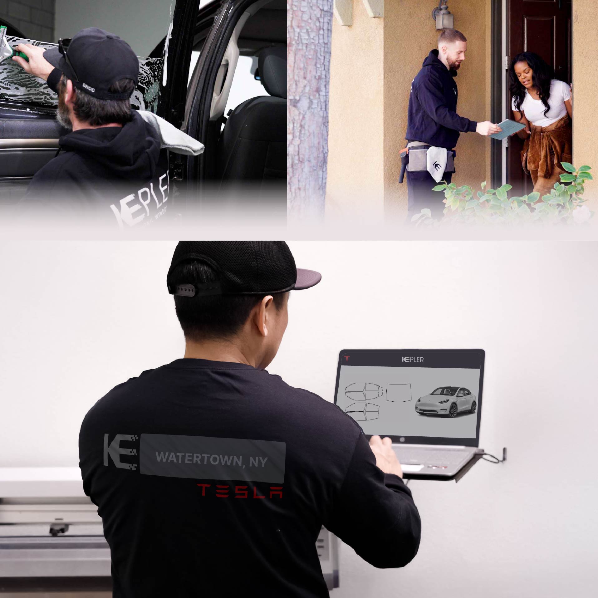 Expert Technician Fitting High-tech Window Tint to Tesla in Watertown