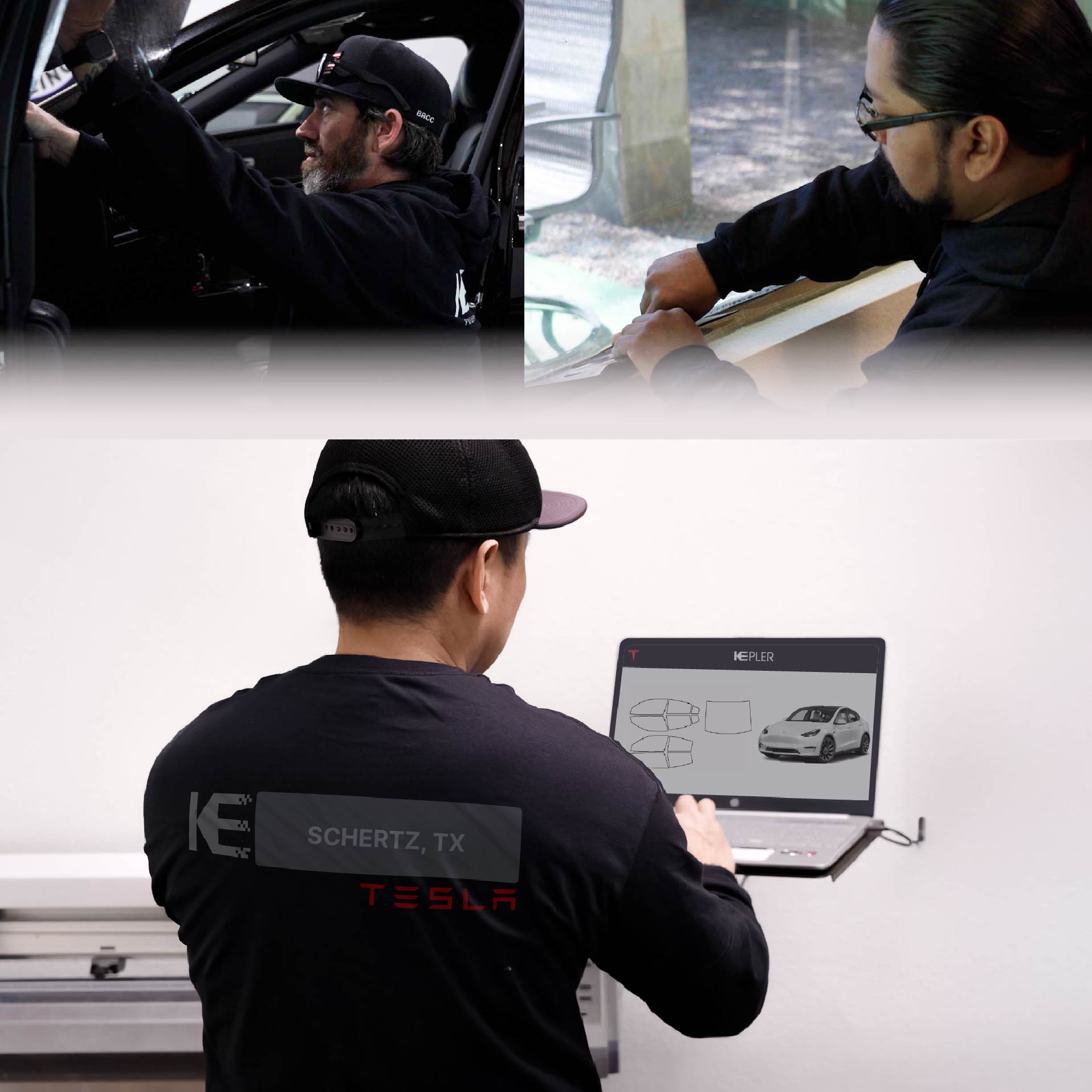 Expert Technician Applying Advanced Window Tint to Tesla in Schertz